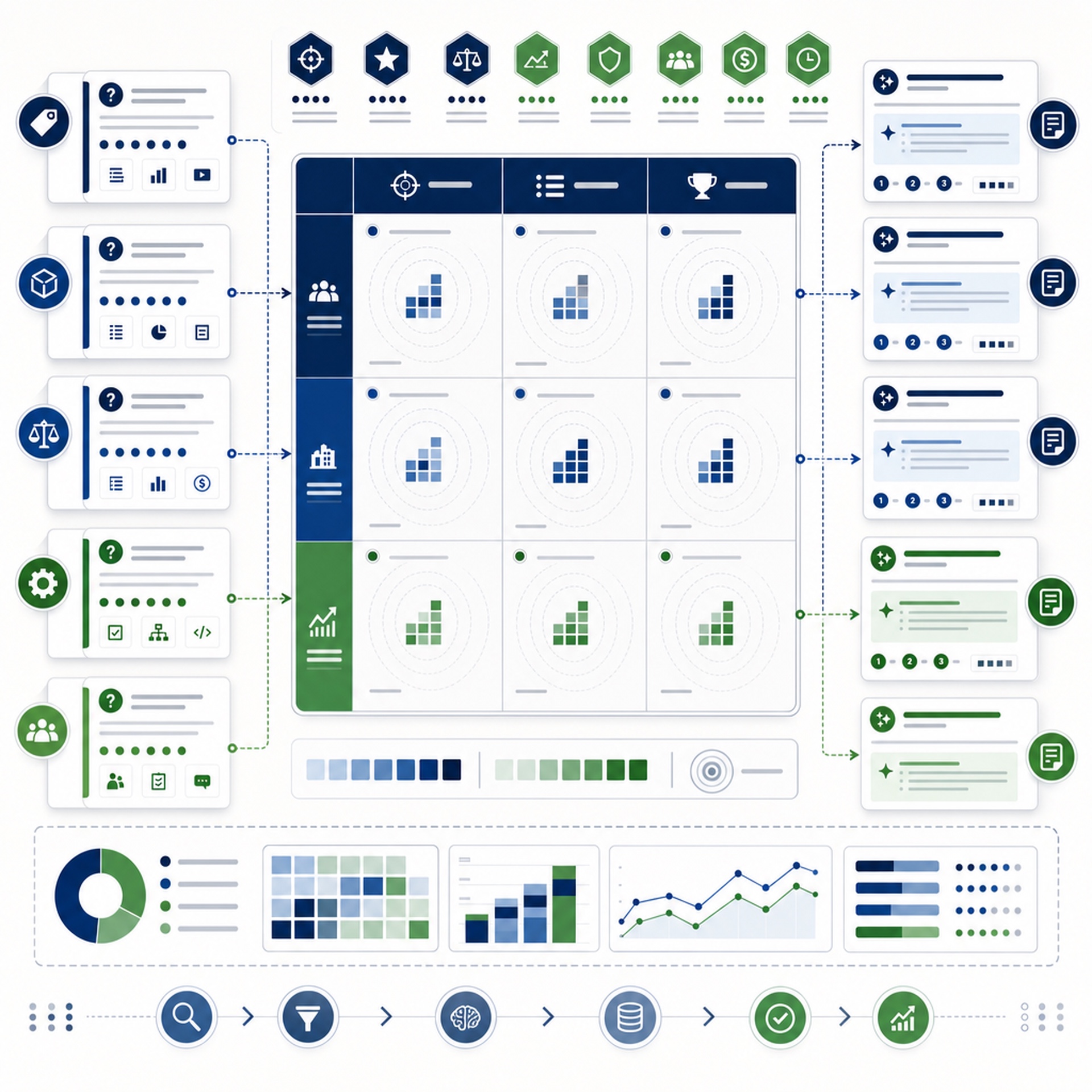 AI answer placement map showing brand, category, competitor, implementation, and buying committee questions connected to AI answer snippets and citations