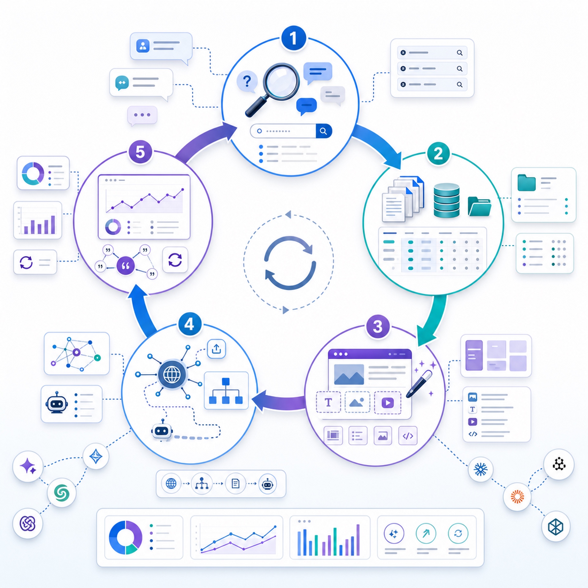 B2B GEO operating loop with customer question research, content asset inventory, answer-ready production, distribution, citation measurement, and refresh