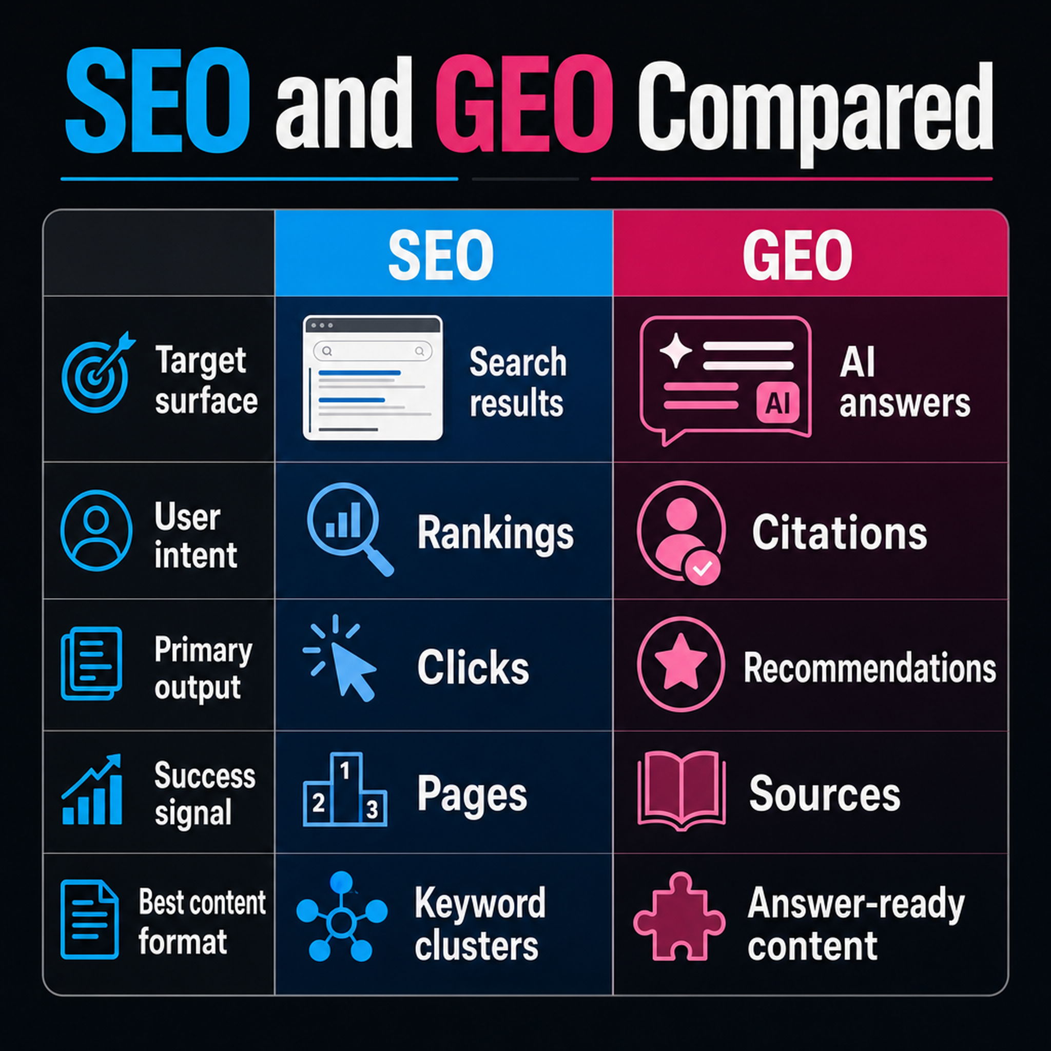 Matrix comparing SEO and GEO across surfaces, intent, output, success signal, and content format