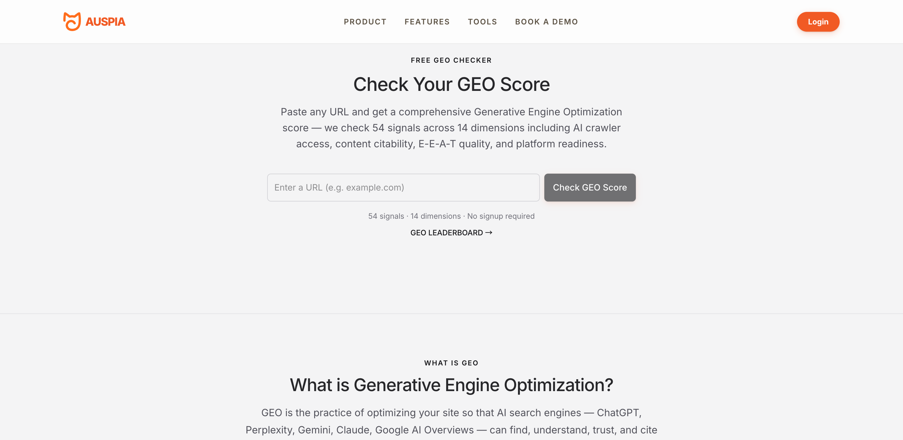 Auspia GEO Checker product screenshot showing a free GEO score audit with 54 signals and 14 dimensions