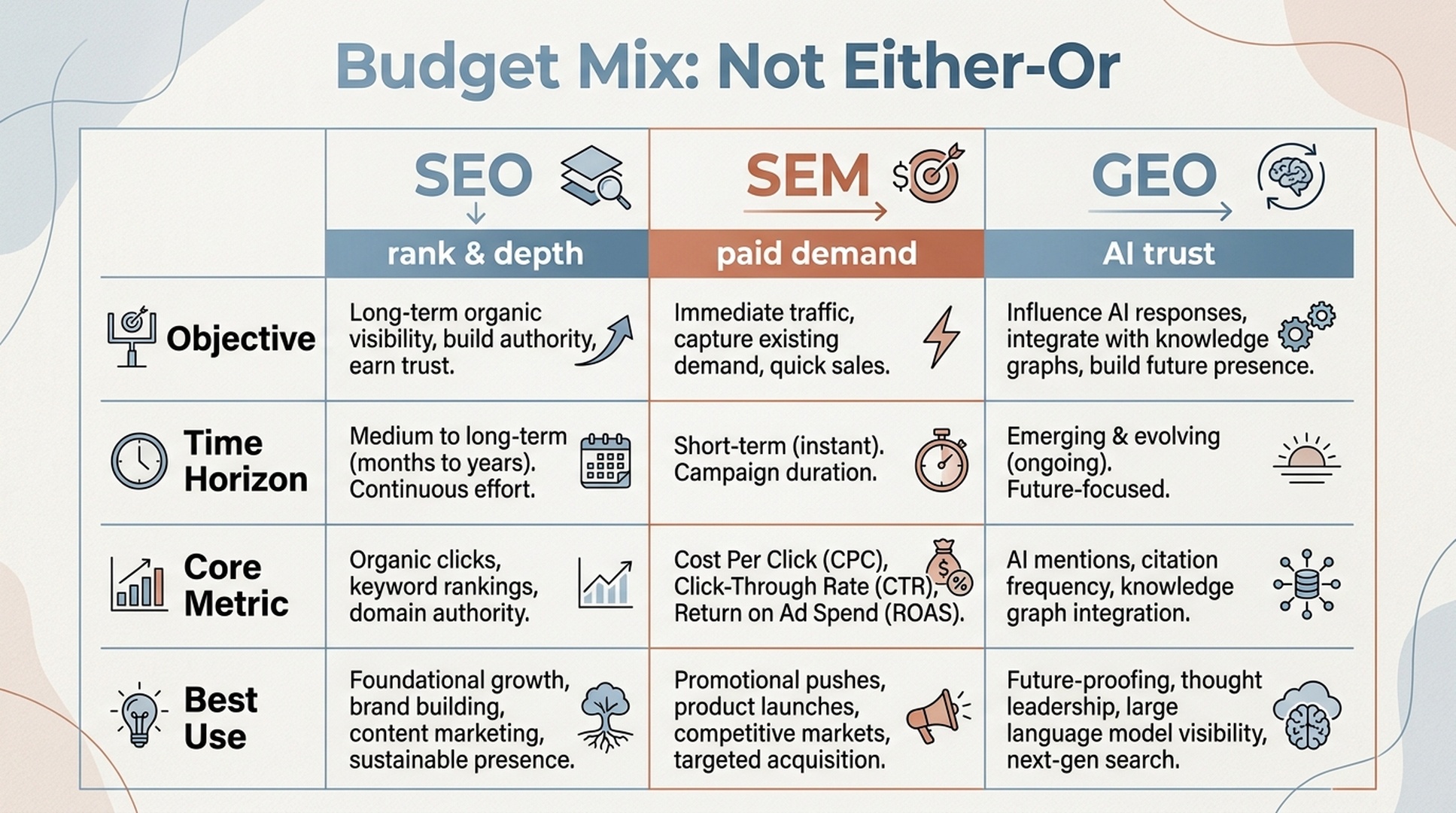 SEO SEM GEO budget matrix
