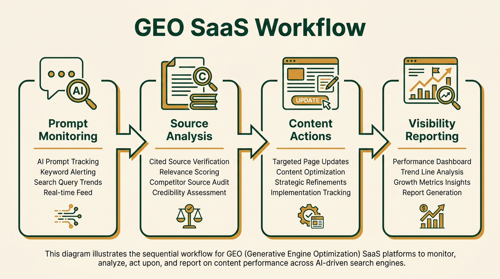 A workflow diagram showing how GEO SaaS moves from prompt monitoring to source analysis, content actions, and visibility reporting.