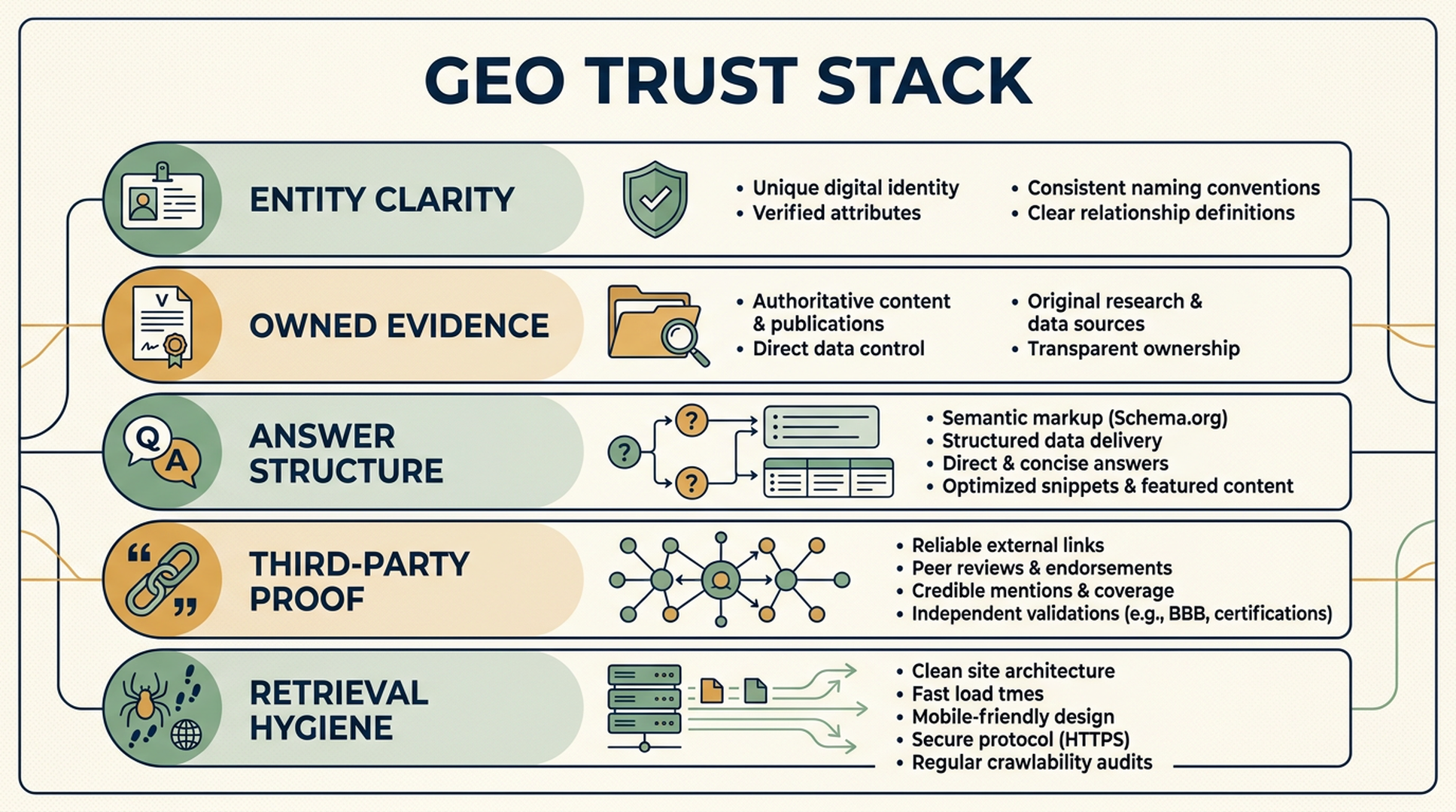 GEO trust infrastructure framework showing owned evidence, third-party proof, structured answers, and AI retrieval paths