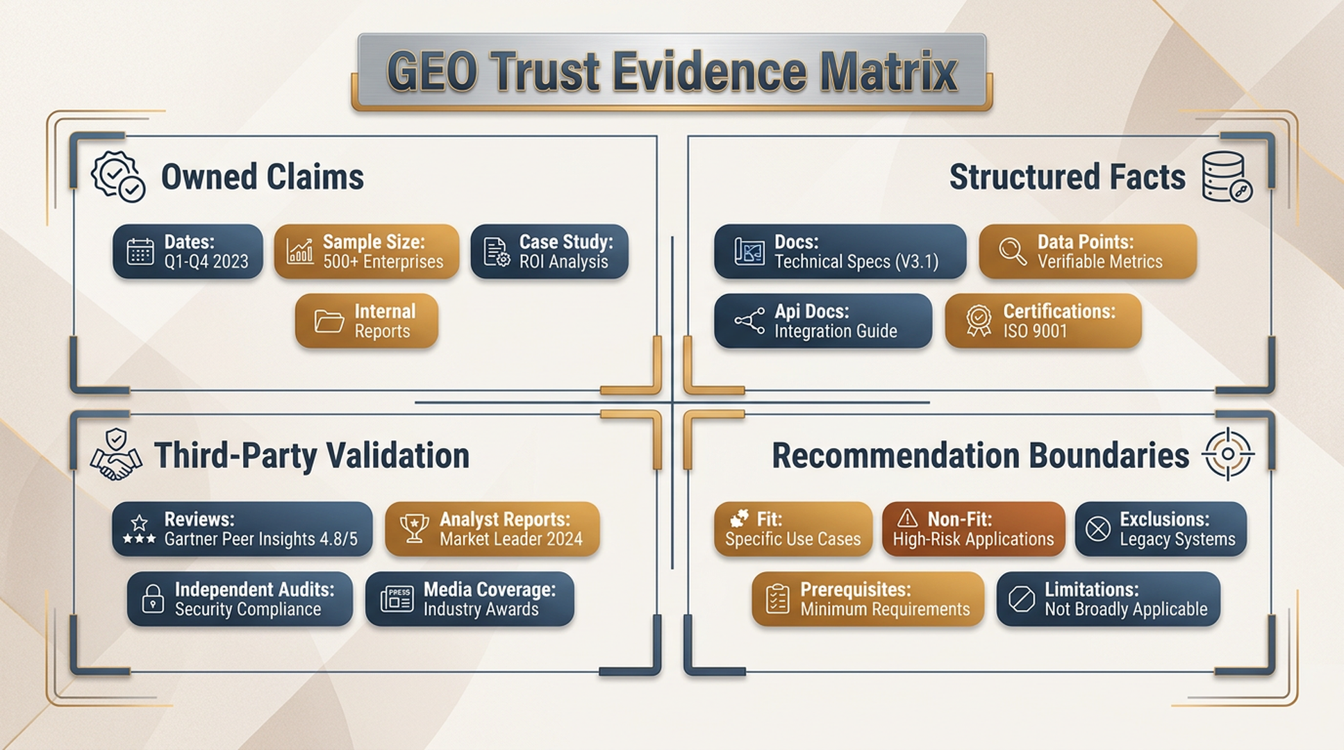 GEO trust evidence matrix showing owned claims, structured facts, third-party validation, and recommendation boundaries.