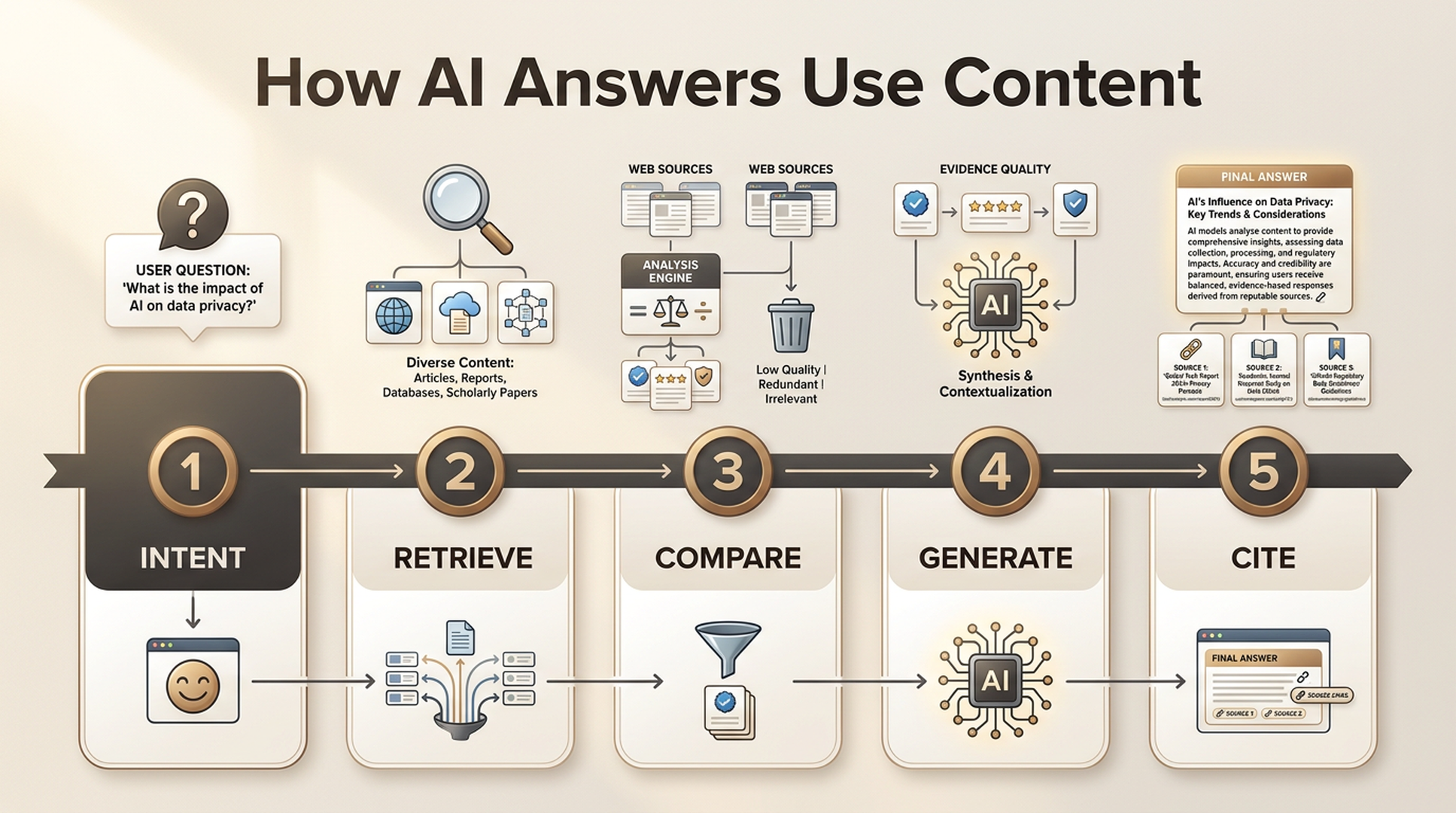 Five-step generative answer flow: intent, retrieval, evidence filtering, answer generation, citation.