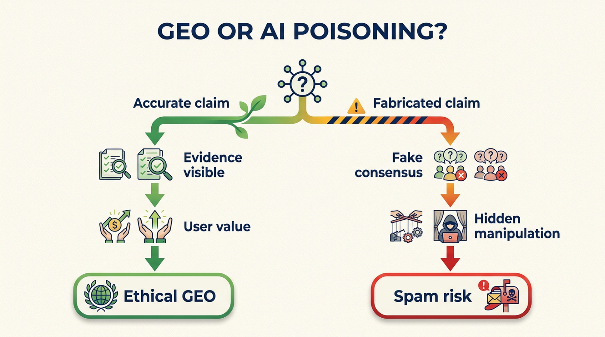 Ethical GEO versus AI poisoning decision map with evidence, source quality, and fabrication risks