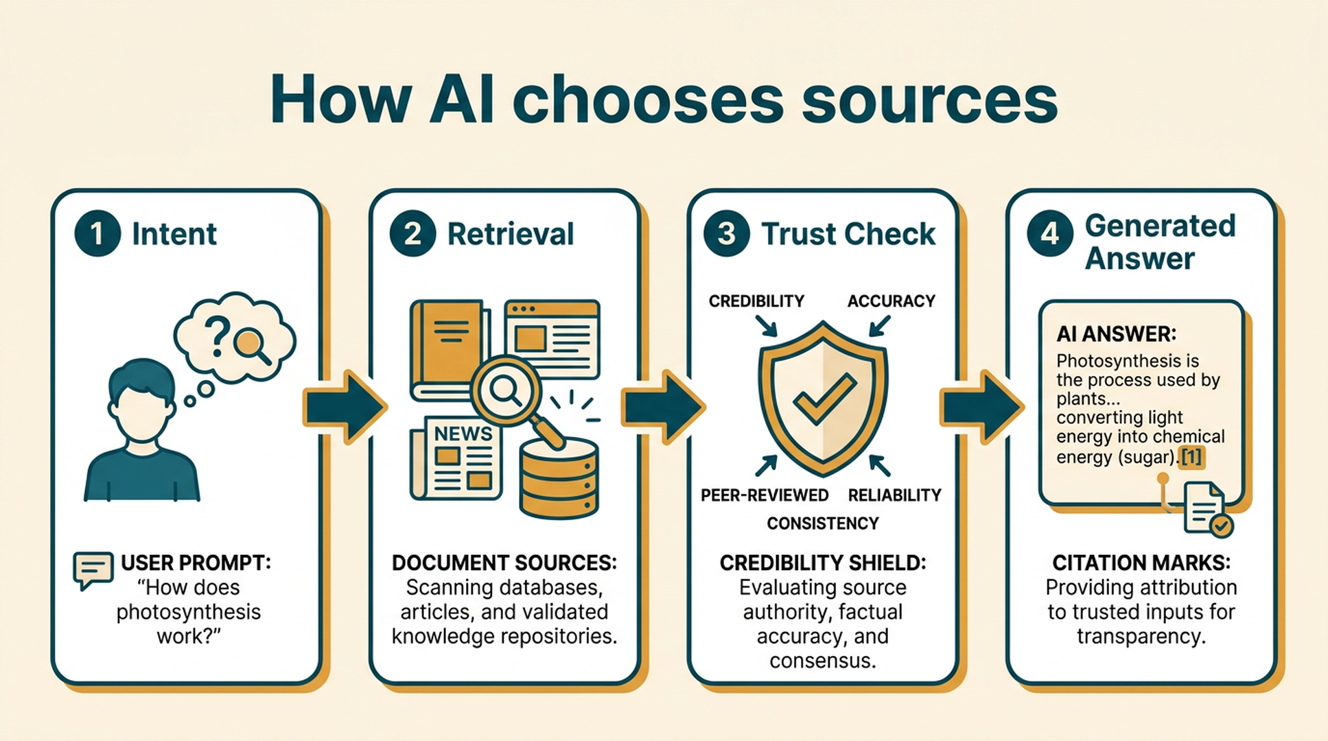 A diagram showing the AI answer path from user prompt to intent interpretation, source retrieval, trust evaluation, and generated answer.