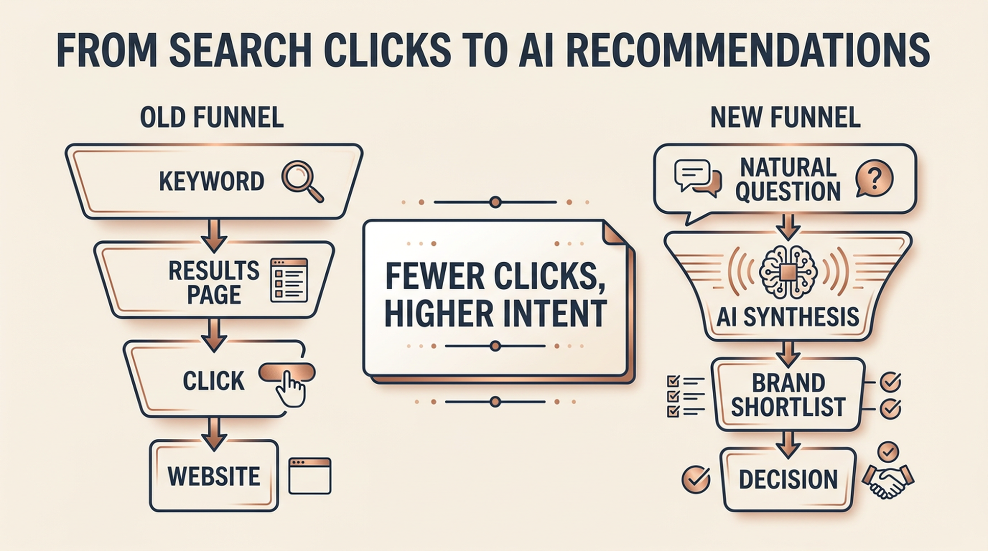 Old search funnel compared with new AI recommendation funnel