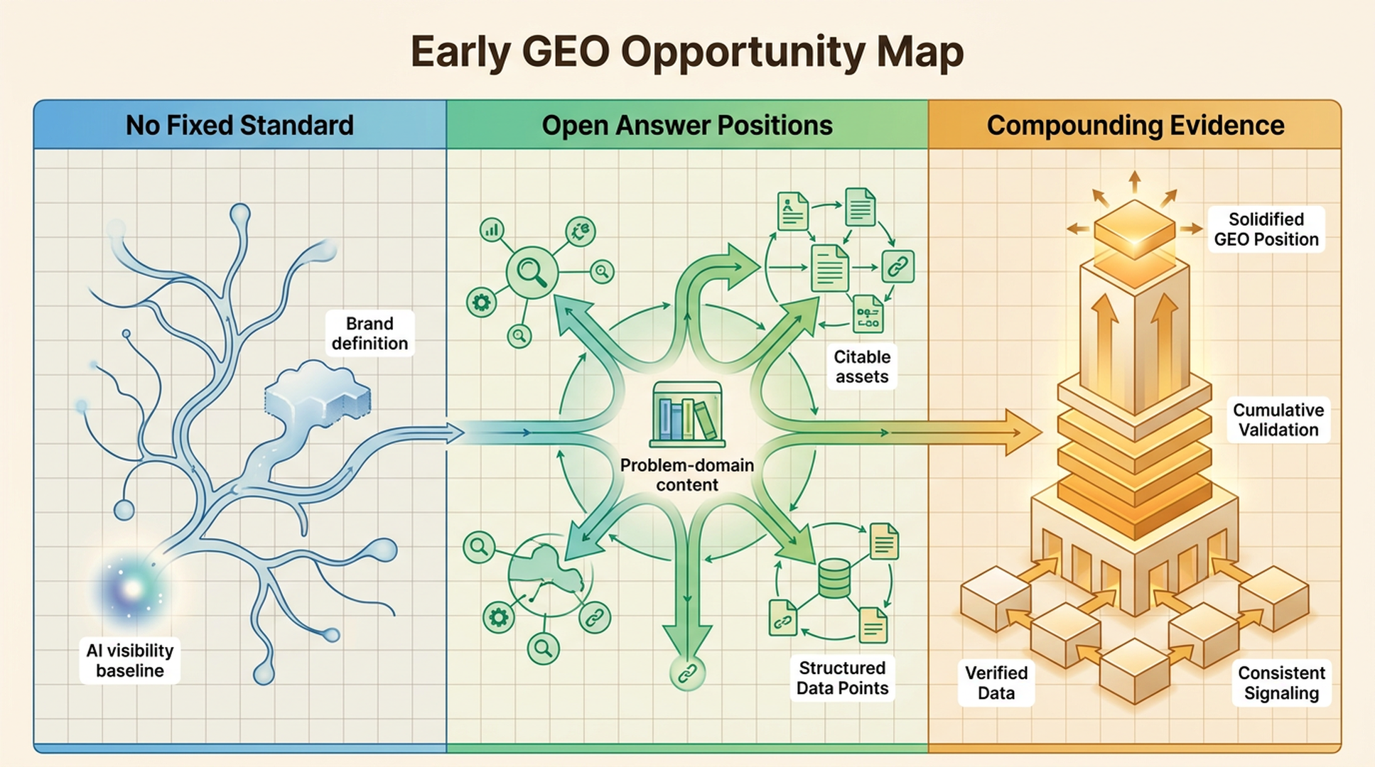 Early GEO opportunity map showing no fixed standard, open answer positions, and the need for clear, consistent, citable brand signals.