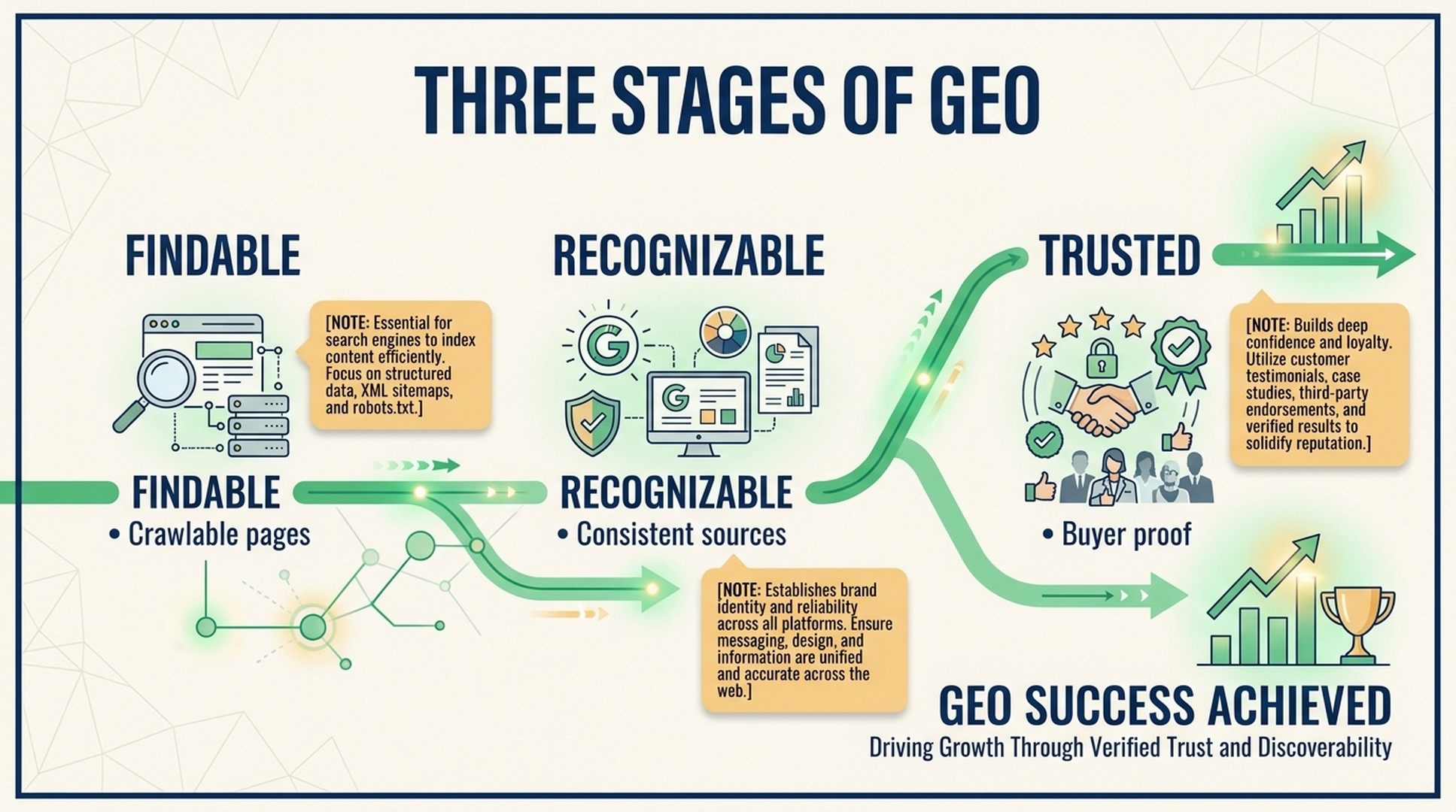 Three-stage GEO maturity path from findable to recognizable to trusted