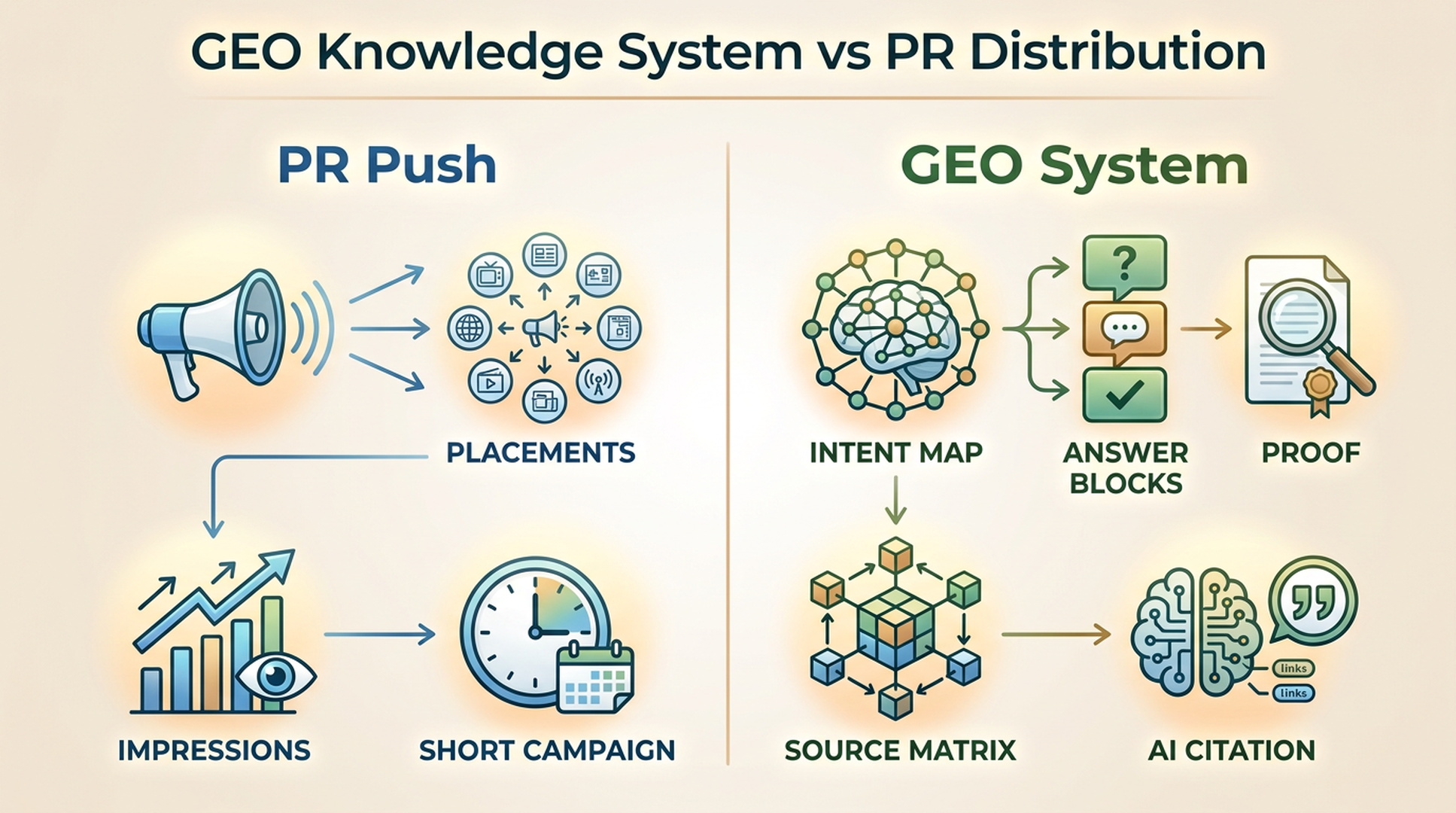 GEO versus PR distribution: PR pushes promotional articles, while GEO builds an AI-readable knowledge system and trusted source matrix.