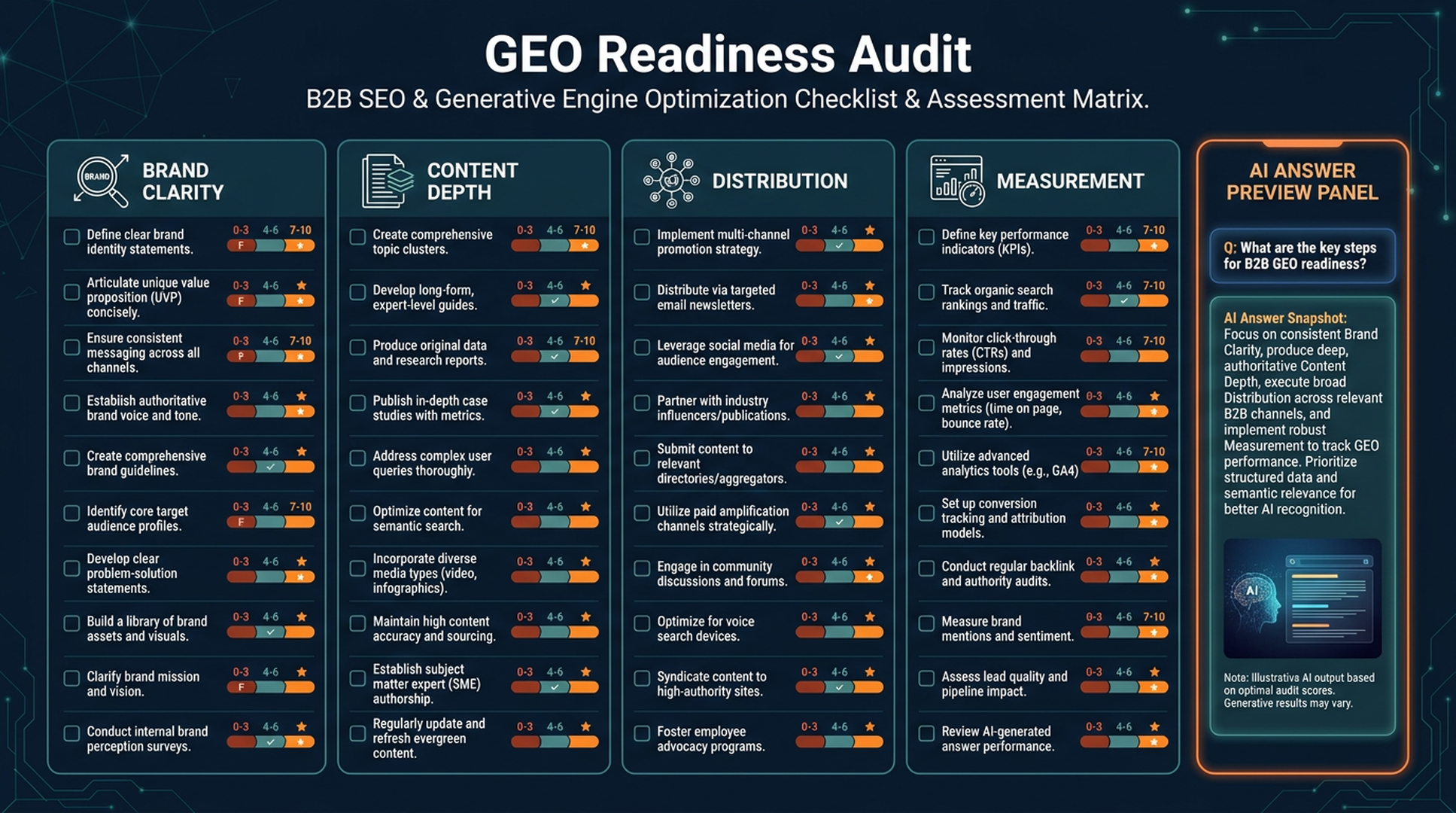 GEO readiness audit matrix with brand clarity, content depth, distribution, and measurement columns