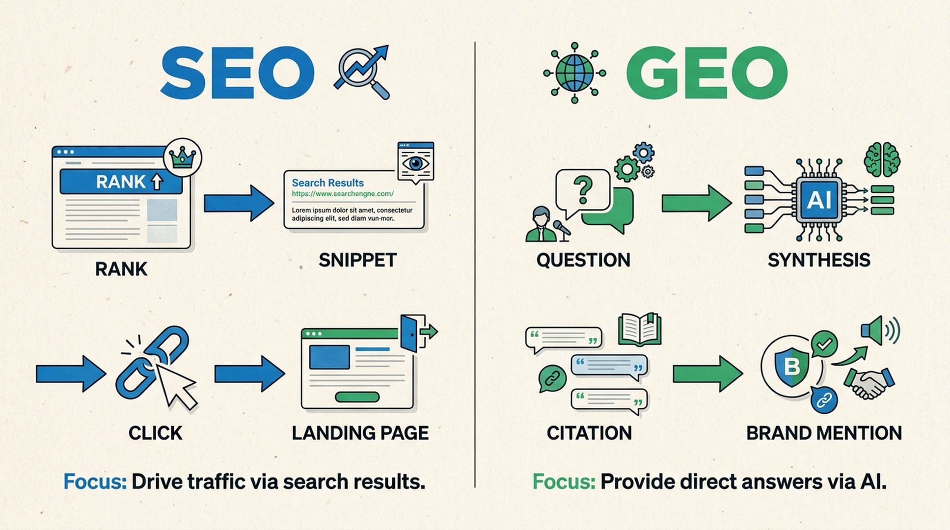 SEO vs GEO comparison showing the shift from rank-click-landing page to question-synthesis-citation-brand mention
