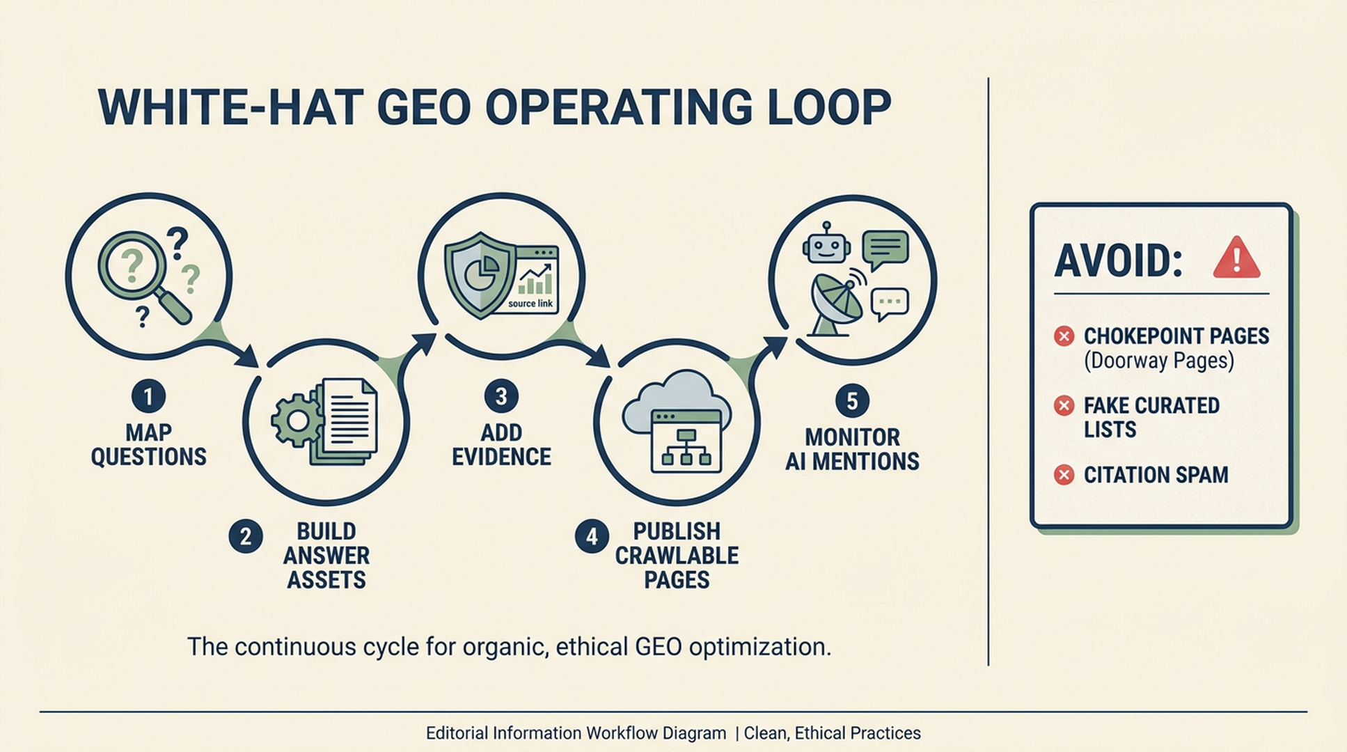 White-hat GEO operating loop showing map questions, build answer assets, add evidence, publish crawlable pages, and monitor AI mentions
