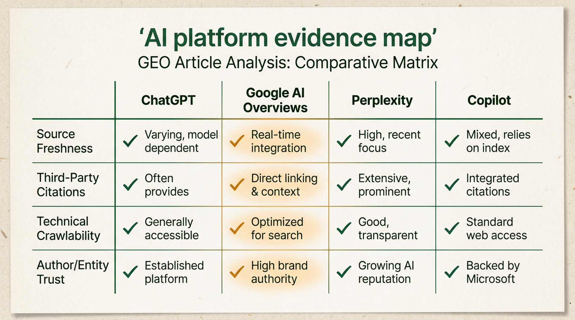 AI platform evidence map comparing ChatGPT, Google AI Overviews, Perplexity, and Copilot across source freshness, third-party citations, crawlability, and entity trust