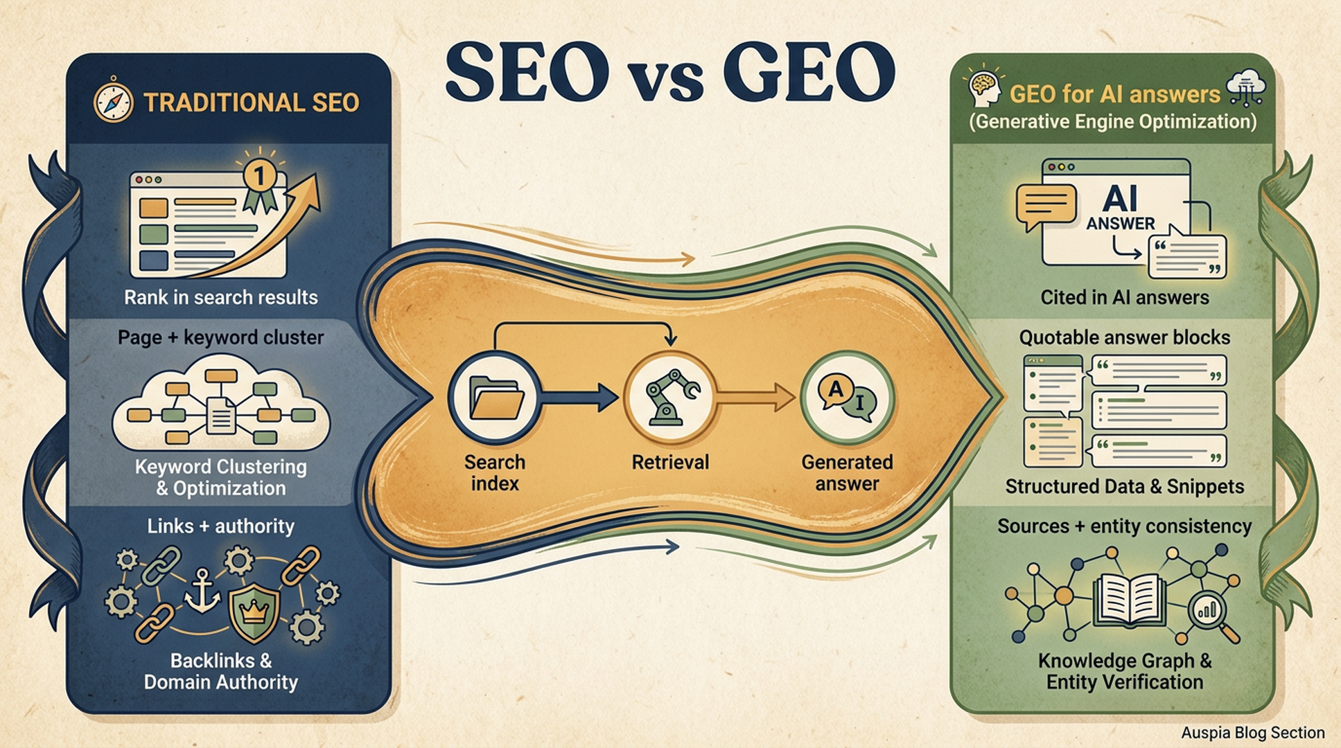 SEO vs GEO comparison diagram showing search ranking inputs, retrieval, generated answers, and citation-focused content signals