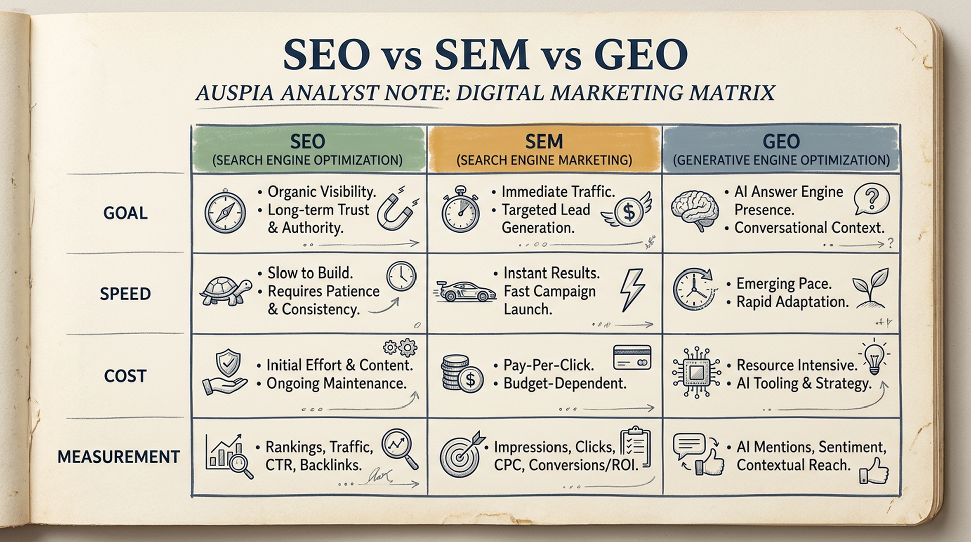 Comparison matrix for SEO, SEM, and GEO across goal, speed, cost, and measurement