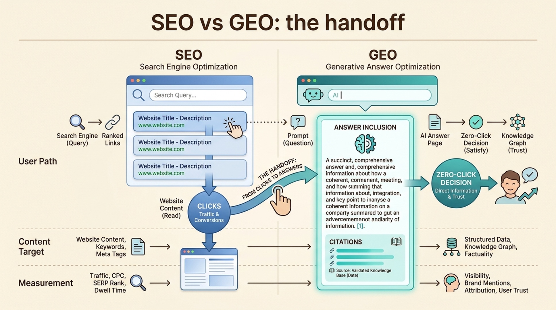 A horizontal diagram comparing SEO's ranked-link model with GEO's answer-inclusion model across user path, content target, and measurement.