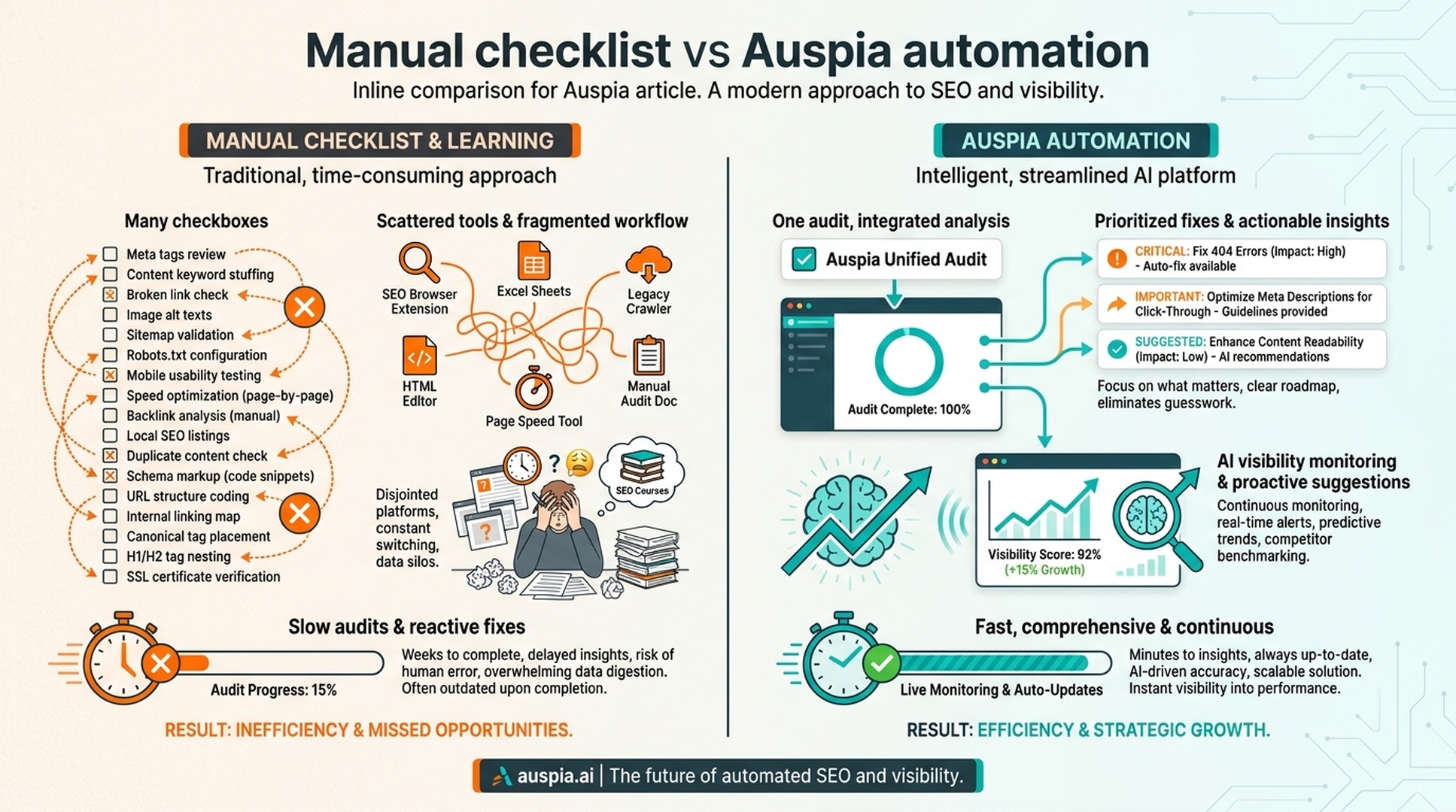 Comparison diagram showing manual SEO learning versus Auspia automated checks, with lower setup time and continuous monitoring