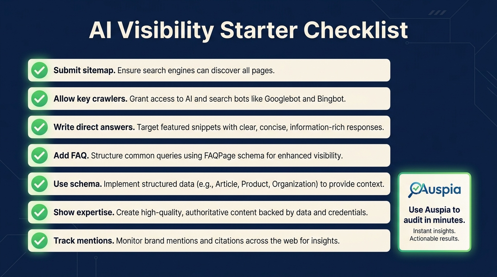 AI visibility starter checklist with sitemap, crawler access, direct answers, FAQ, schema, expertise, and mention tracking