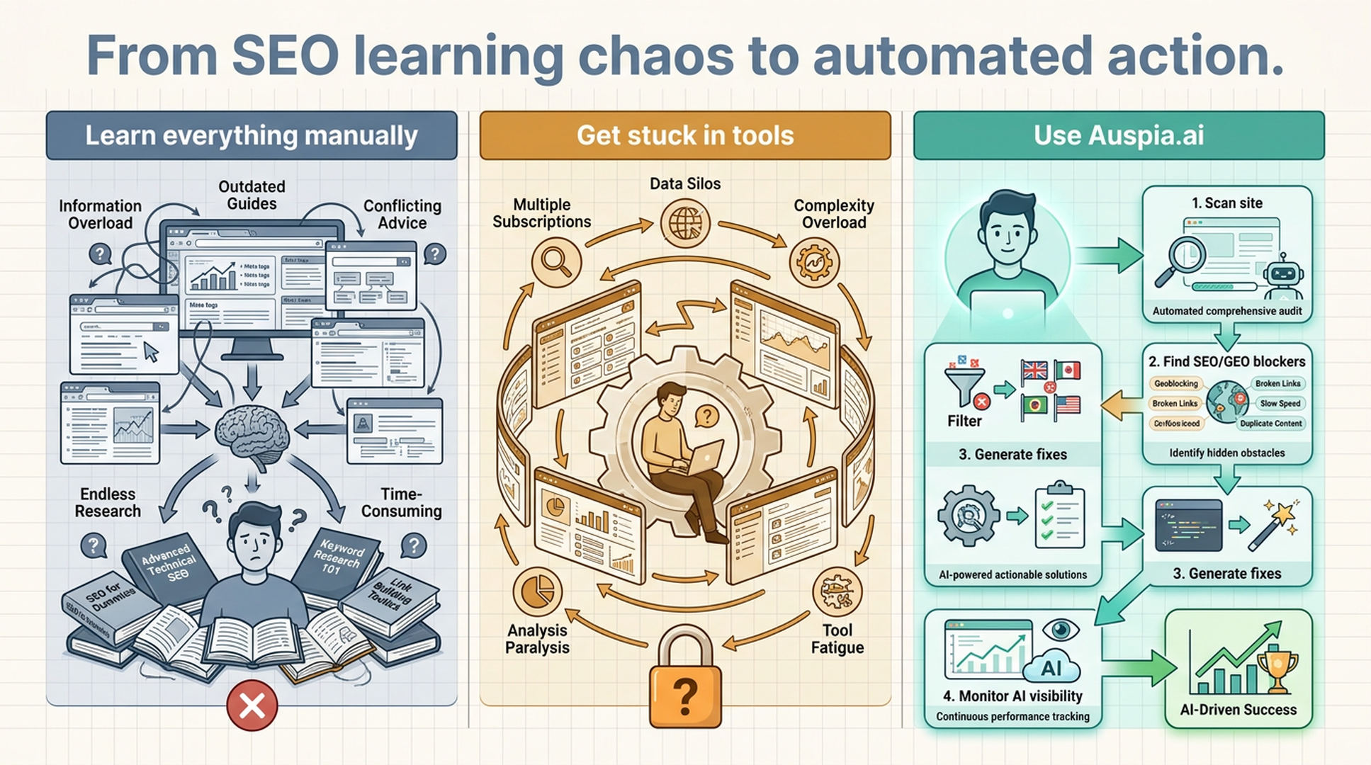 Workflow graphic showing the path from SEO learning chaos and tool fatigue to automated action with Auspia.ai