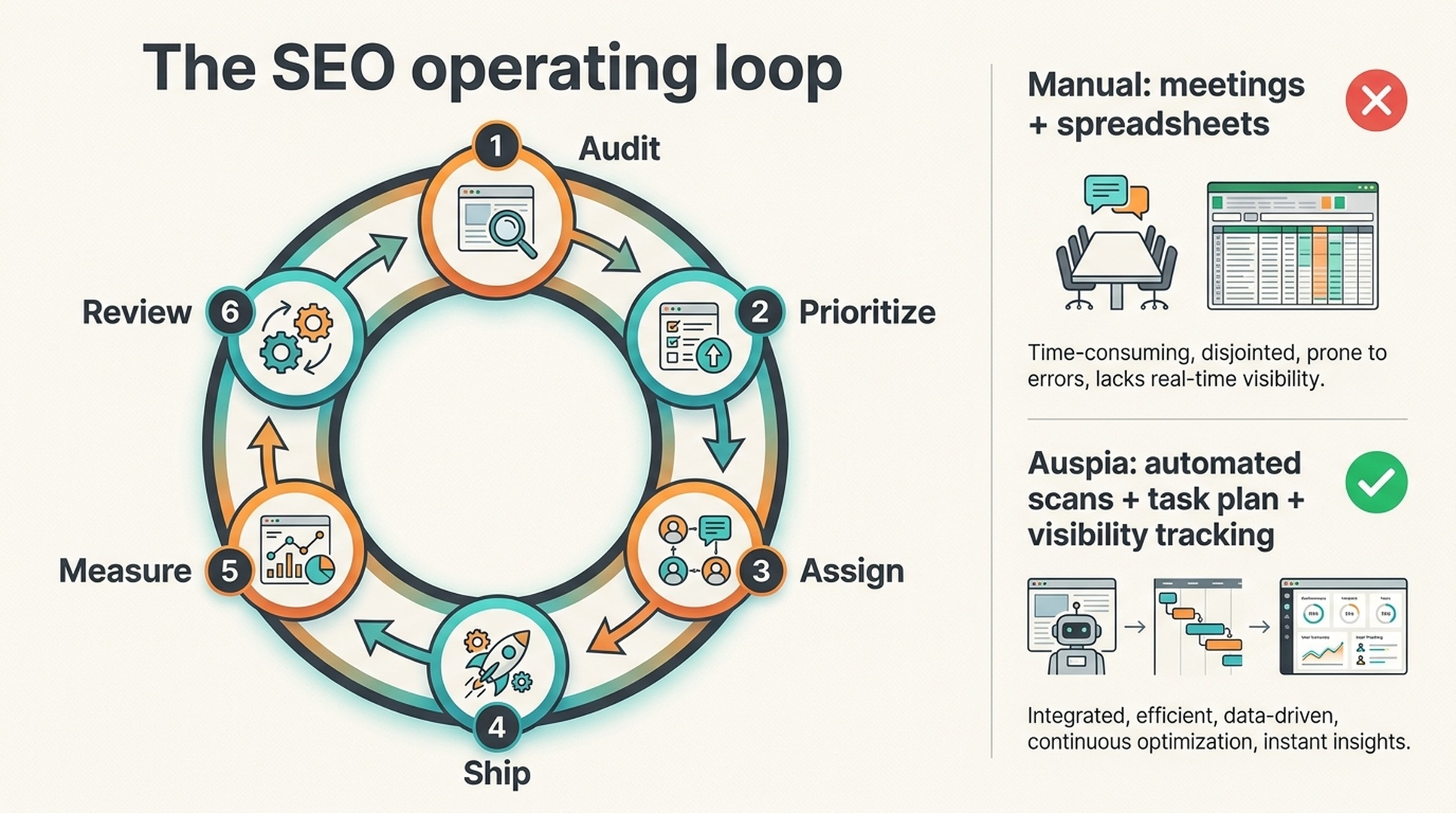 The SEO operating loop from audit to review, comparing manual spreadsheets with Auspia automation
