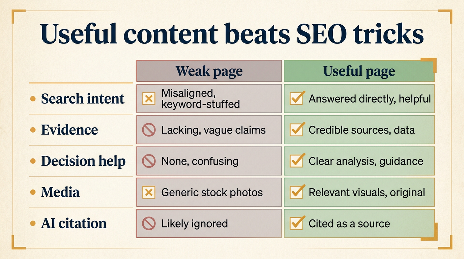Comparison matrix showing weak SEO pages versus useful pages across search intent, evidence, decision help, media, and AI citation readiness