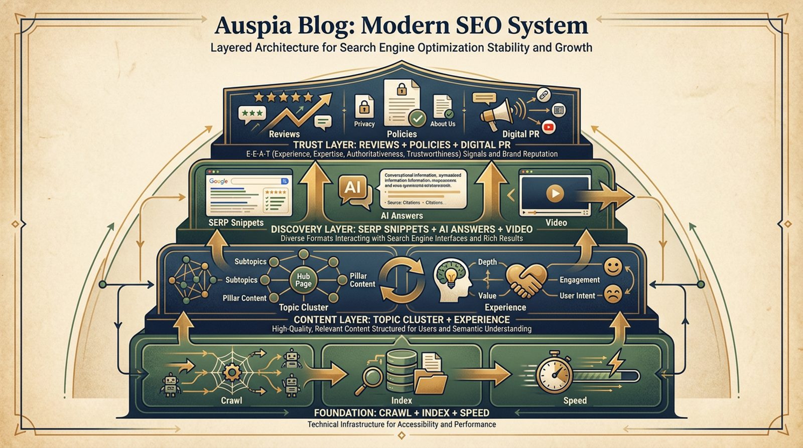 Modern SEO system diagram showing technical access, topic authority, real experience, SERP visibility, multimedia, digital PR, and trust signals