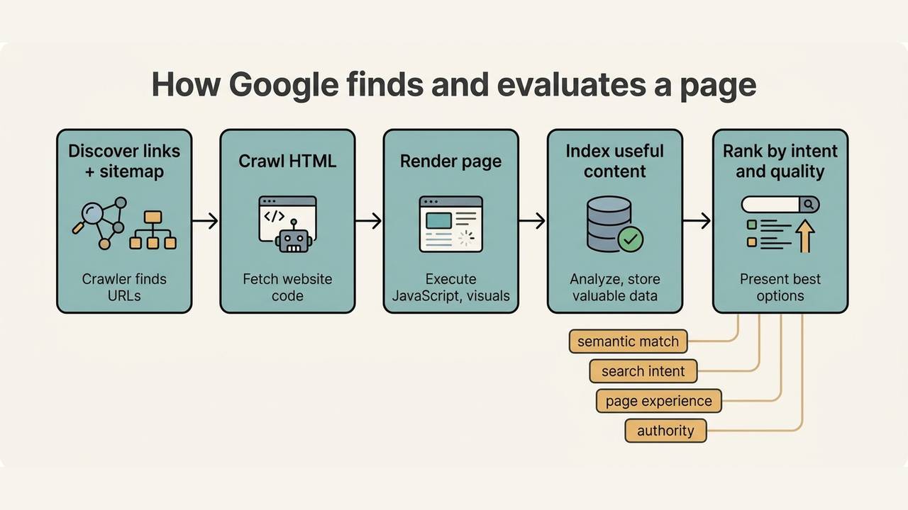 A flow diagram showing how Google discovers, crawls, renders, indexes, and ranks a page