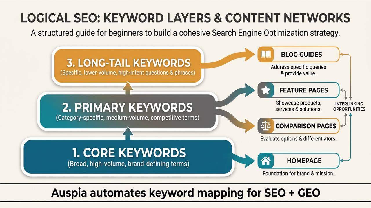 A layered keyword map connecting core keywords, primary keywords, and long-tail keywords to page types