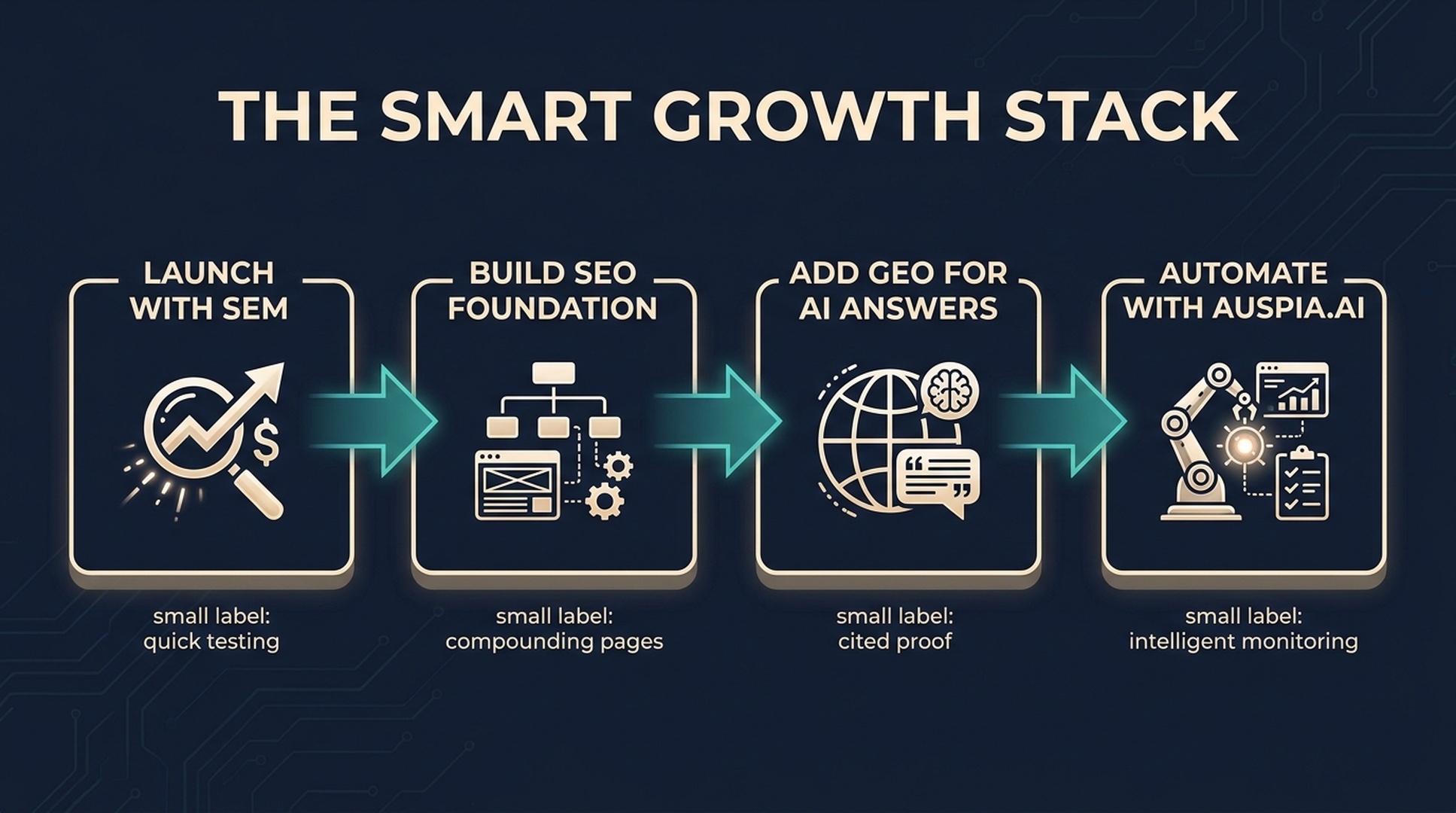 Workflow diagram showing the smart growth stack: launch with SEM, build SEO foundation, add GEO for AI answers, then automate with Auspia.ai
