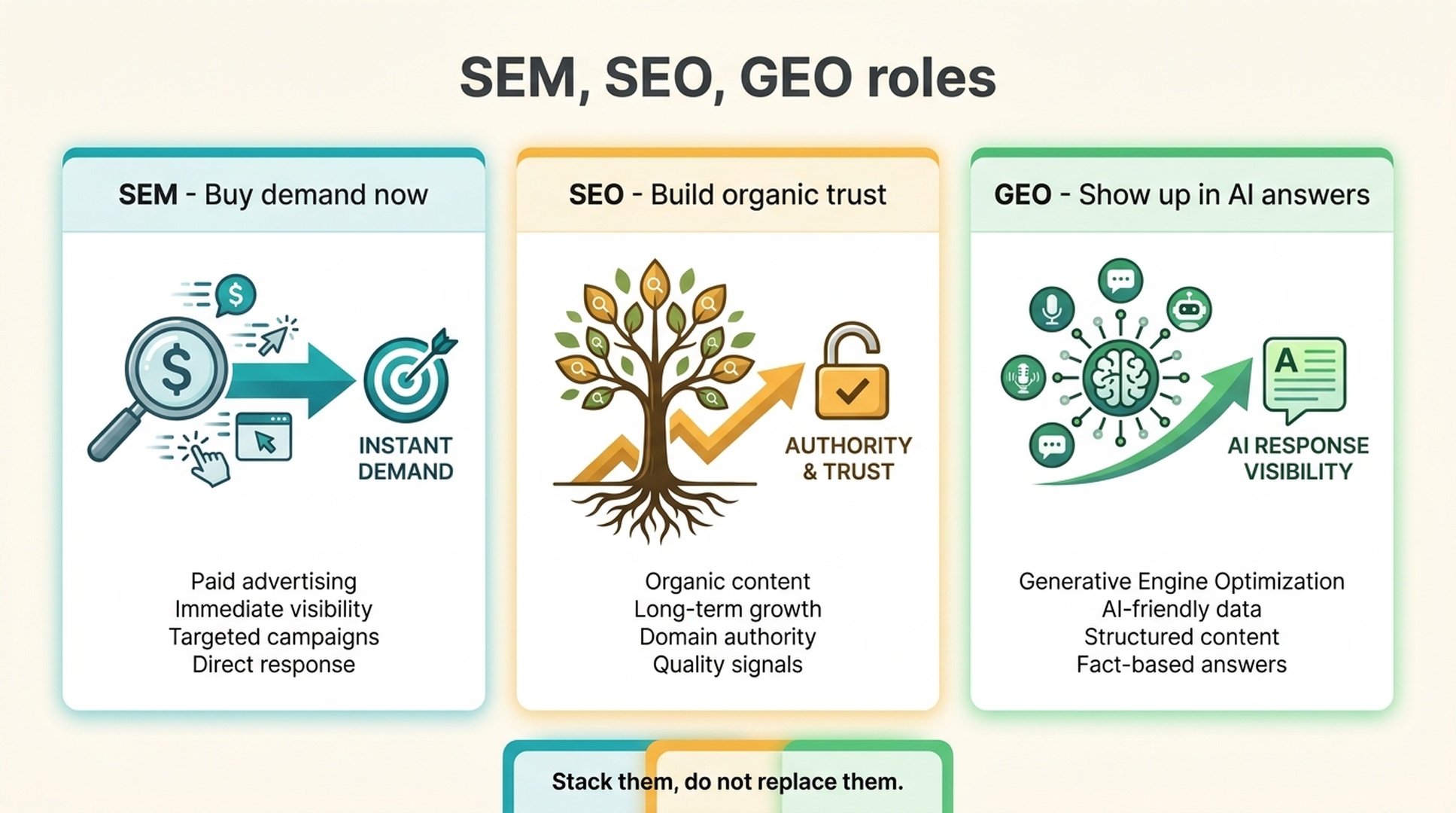 Three-card graphic explaining SEM as paid demand, SEO as organic trust, and GEO as AI answer visibility