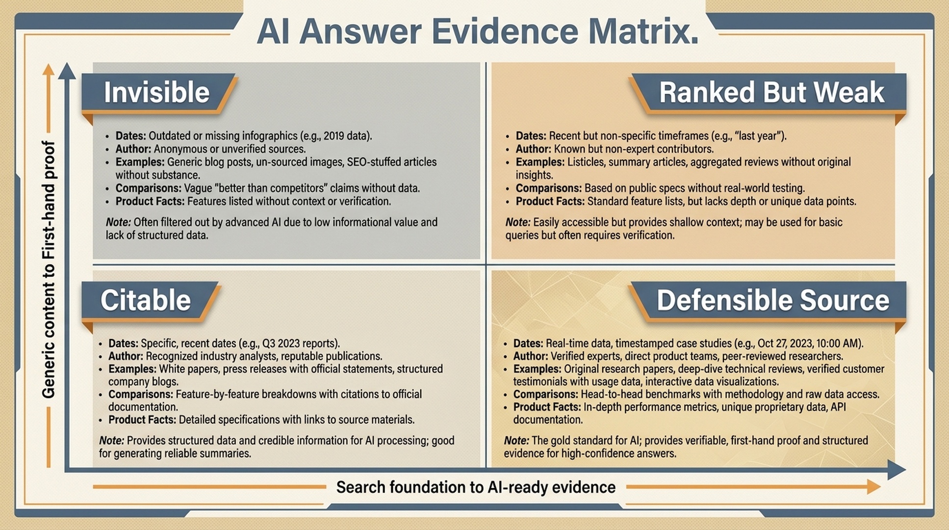 Matrix showing how content moves from generic SEO pages to defensible AI answer evidence through first-hand proof and search foundation.