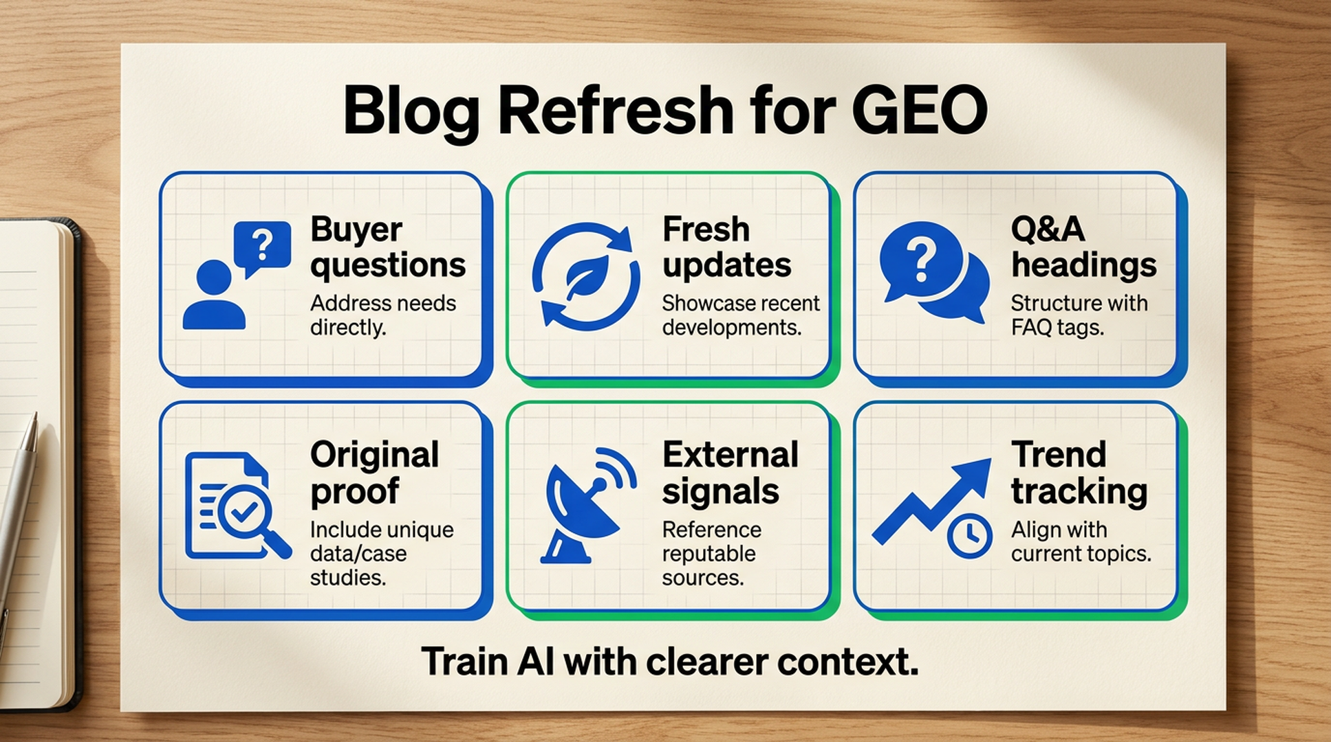 Checklist matrix showing six blog refresh actions for GEO: buyer questions, fresh updates, Q&A headings, original proof, external signals, and trend tracking