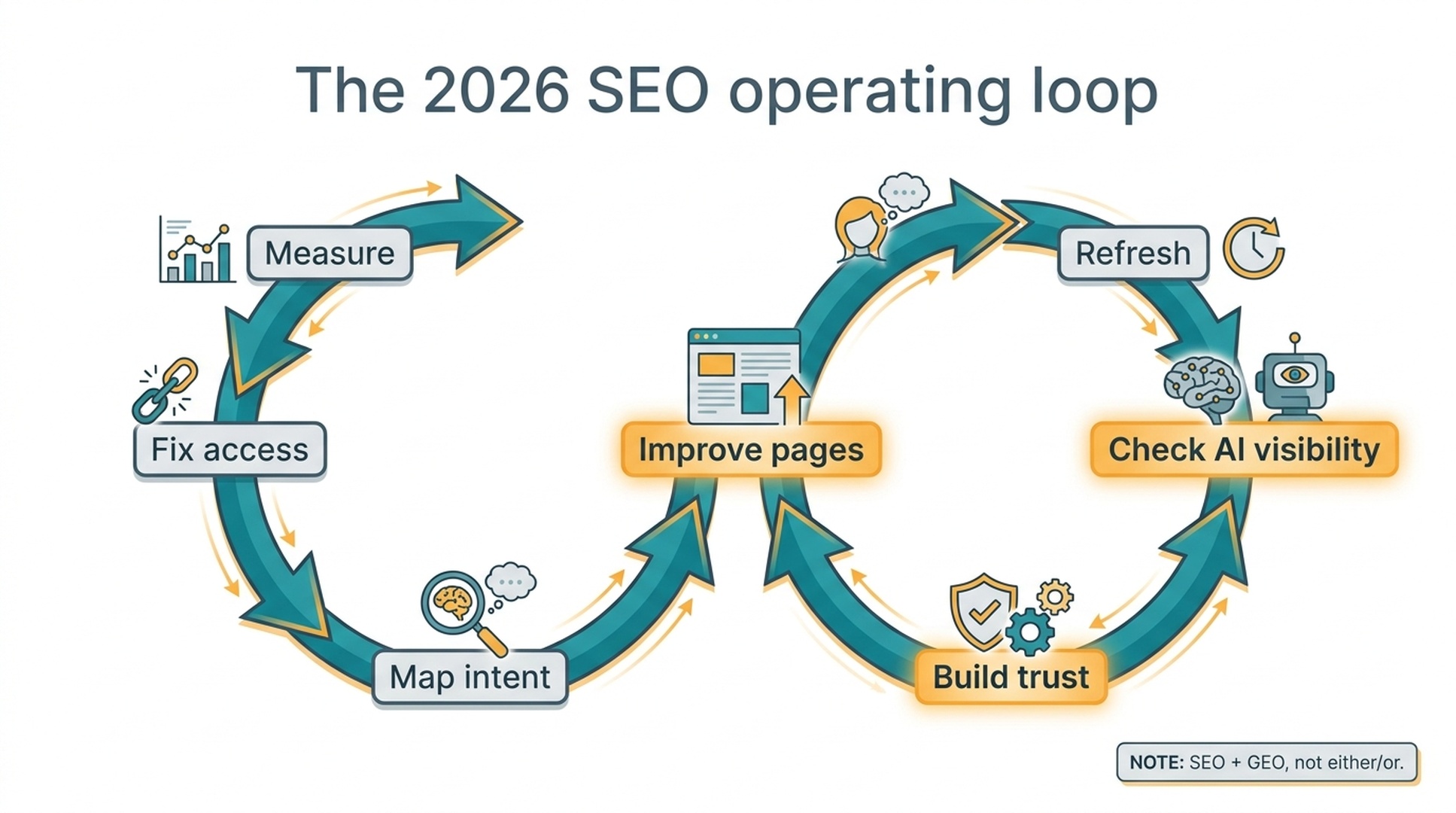 Workflow diagram showing the 2026 SEO operating loop from measurement and access fixes to intent mapping, page improvement, trust building, refresh, and AI visibility checks