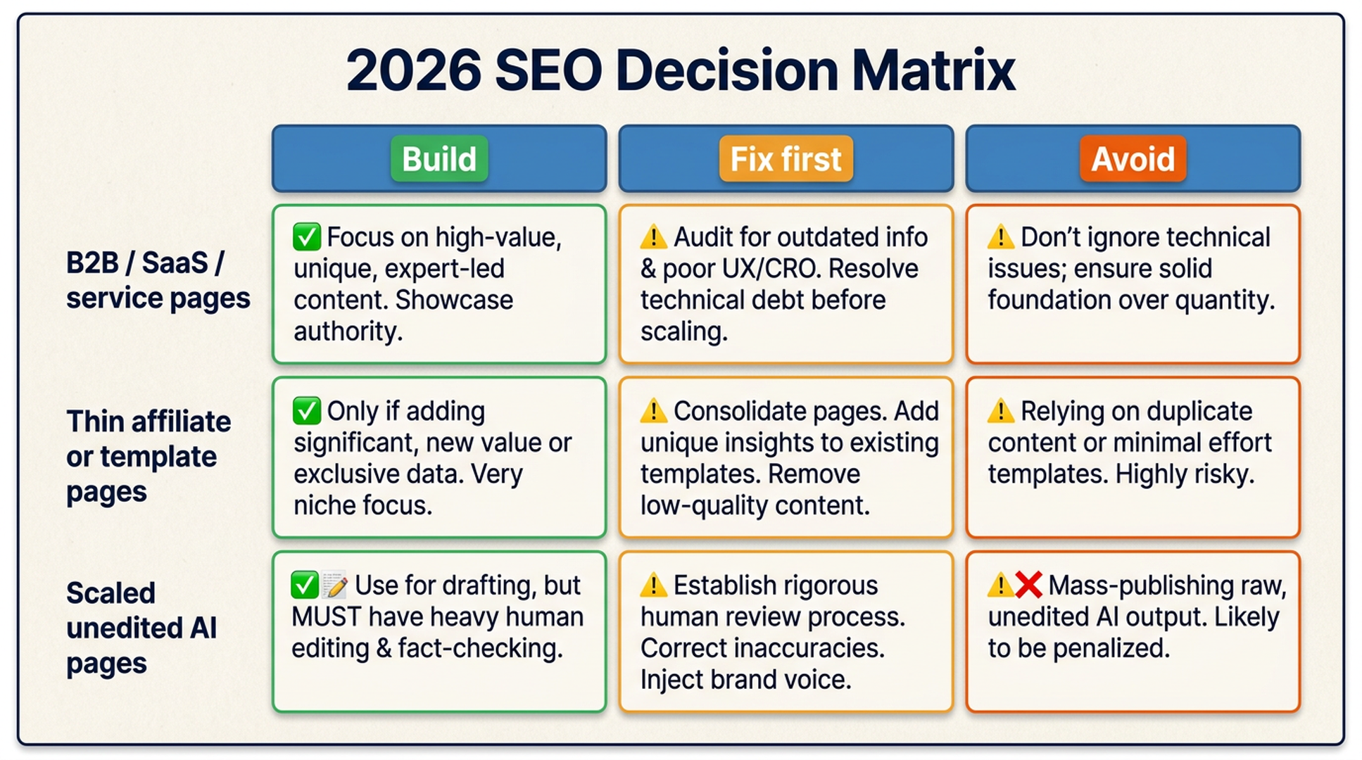 SEO decision matrix showing which site types should build, fix first, or avoid SEO in 2026