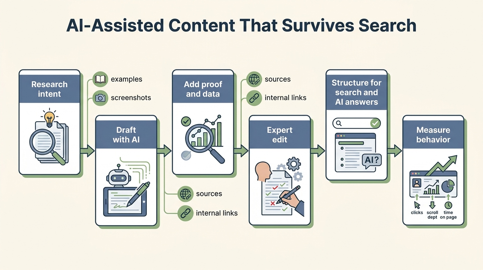 Workflow for AI-assisted SEO content that survives search in 2026