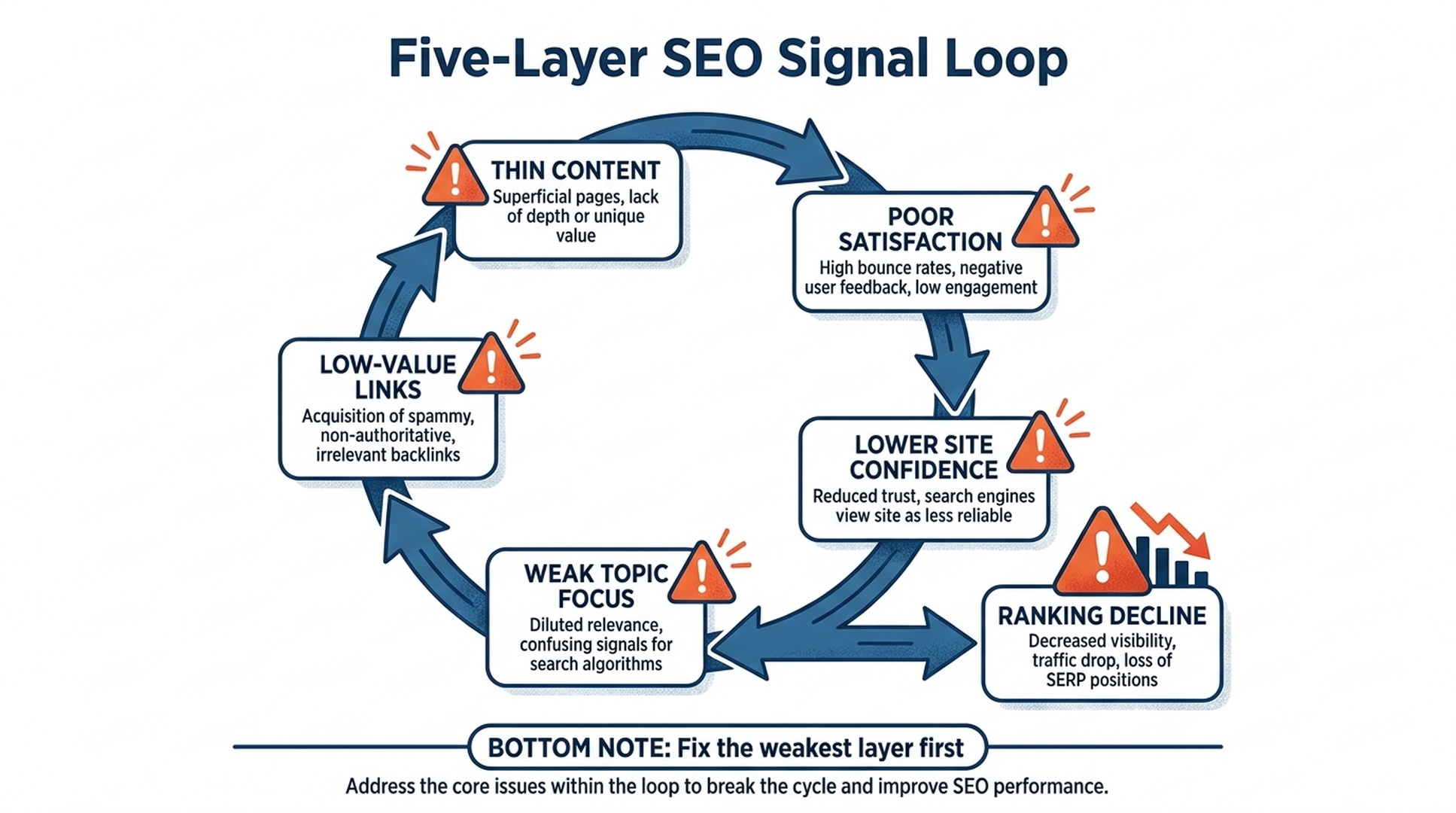 Five-layer SEO signal loop showing how thin content, poor satisfaction, lower site confidence, weak topic focus, and low-value links create ranking decline