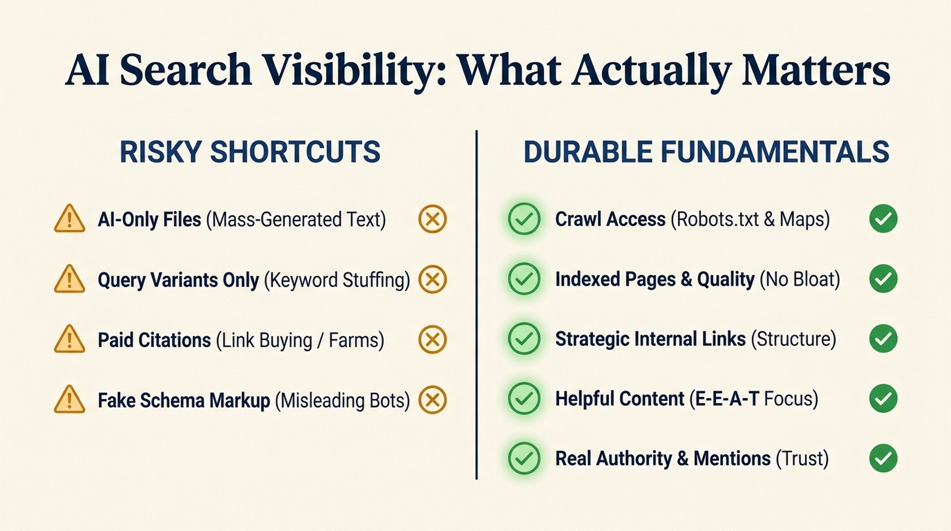 Checklist comparing risky GEO shortcuts with safer SEO fundamentals for AI search visibility
