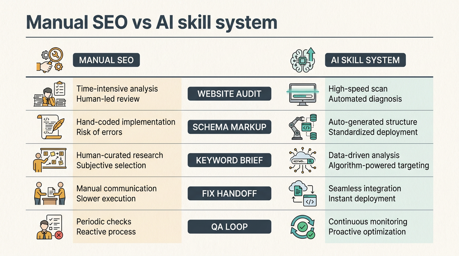 Manual SEO versus AI skill system comparison matrix across audits, schema, keyword briefs, handoffs, and QA loops.
