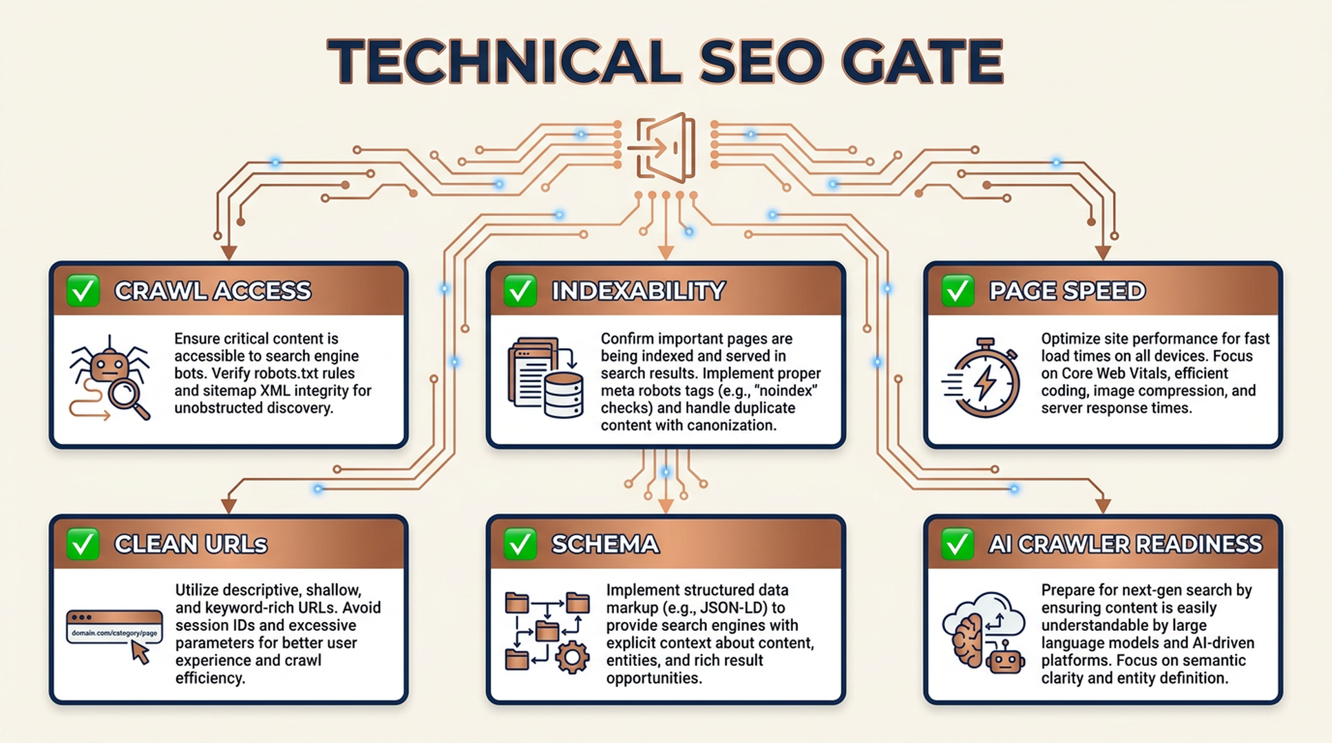 Technical SEO checklist showing crawl access, indexability, page speed, schema, internal links, and AI crawler readiness