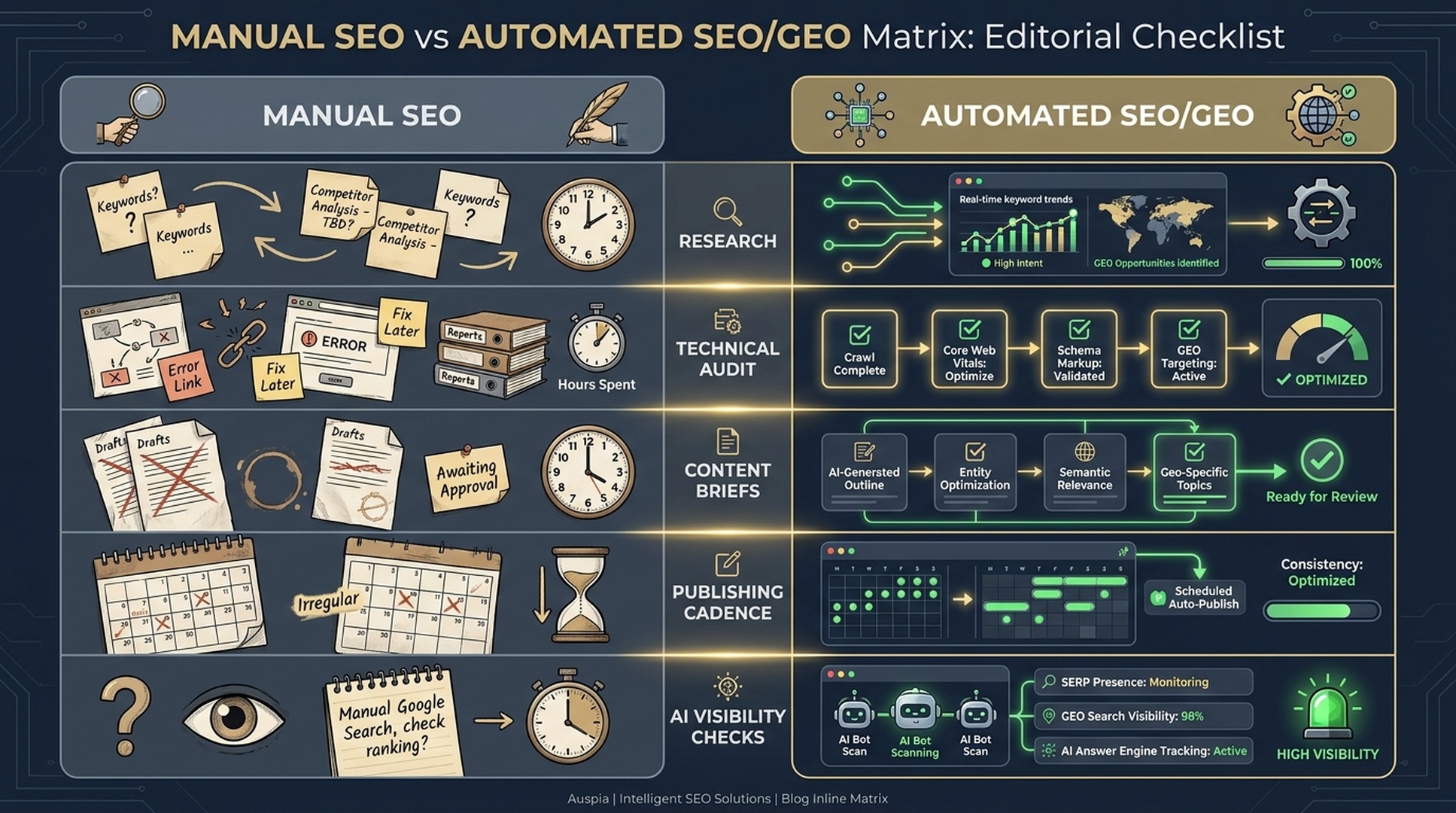 Manual SEO versus automated SEO and GEO workflow matrix