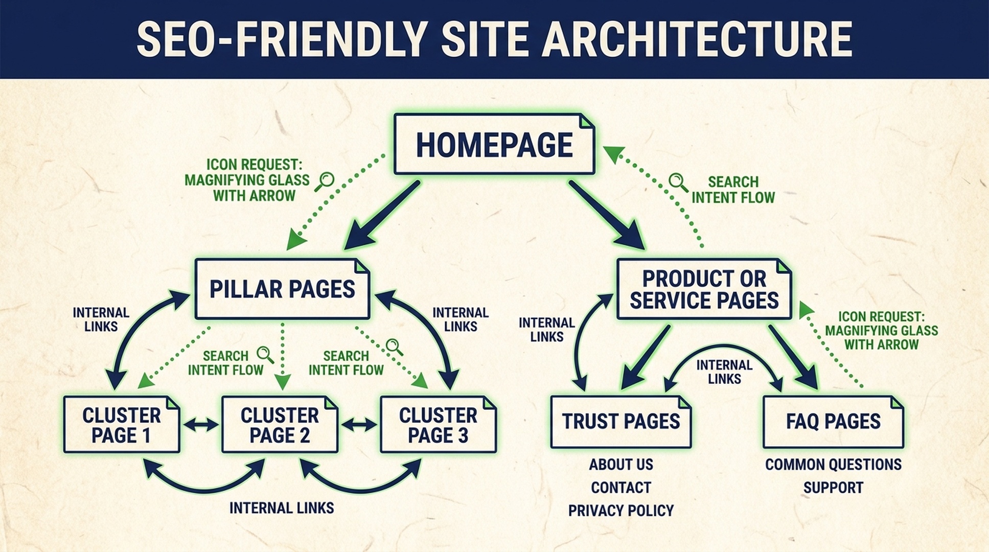 SEO-friendly site architecture diagram with homepage, pillar pages, cluster pages, product pages, trust pages, and FAQ pages