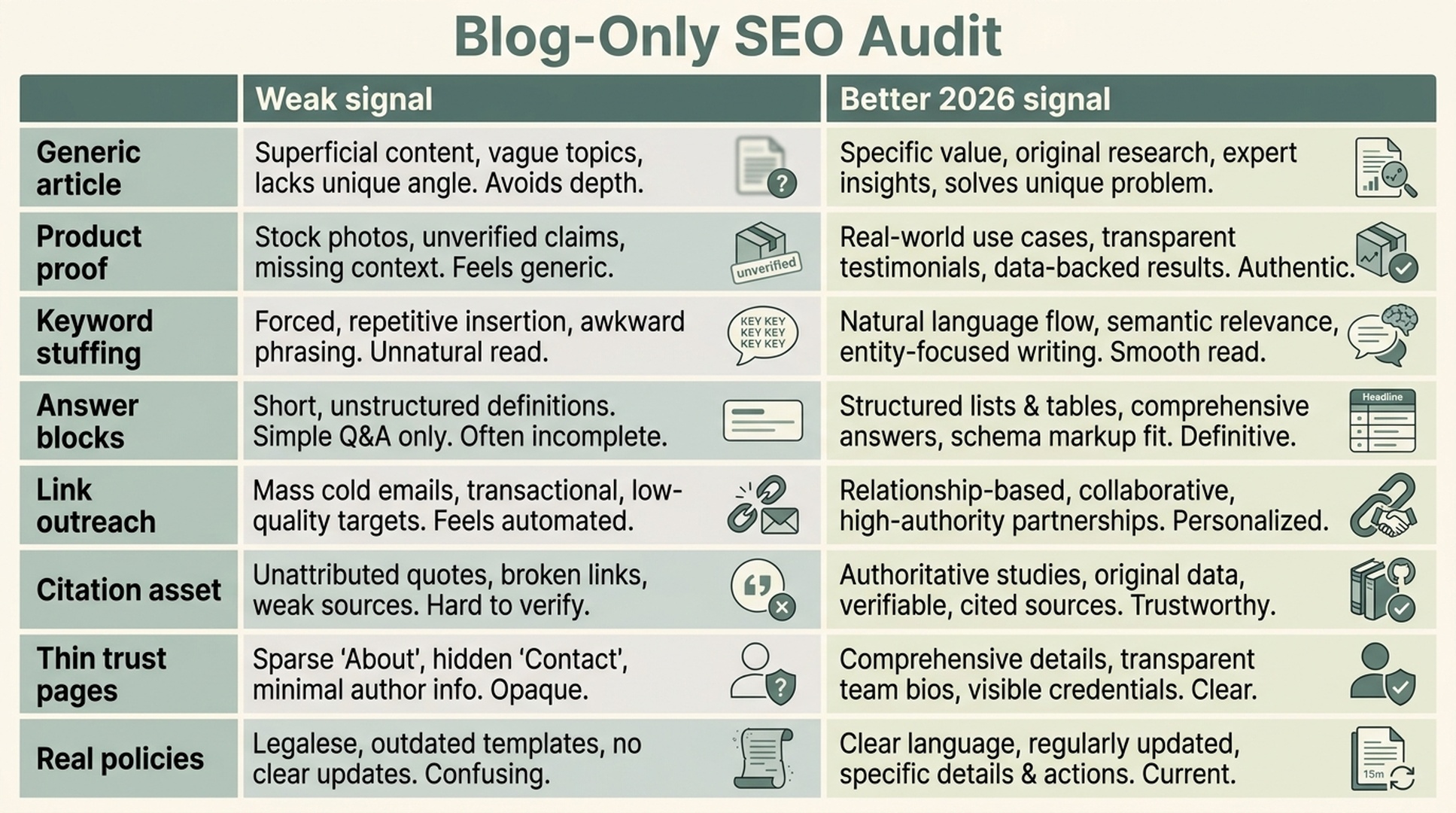 Audit matrix showing weak blog-only SEO signals and stronger 2026 SEO trust signals.