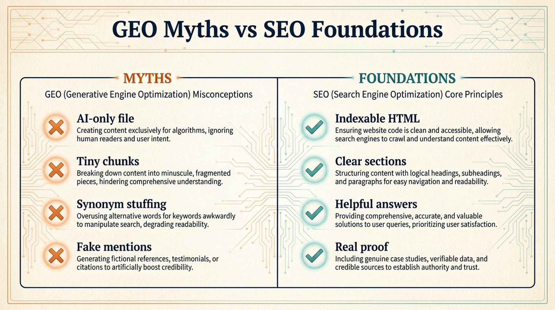 2026 GEO myth vs SEO foundation matrix