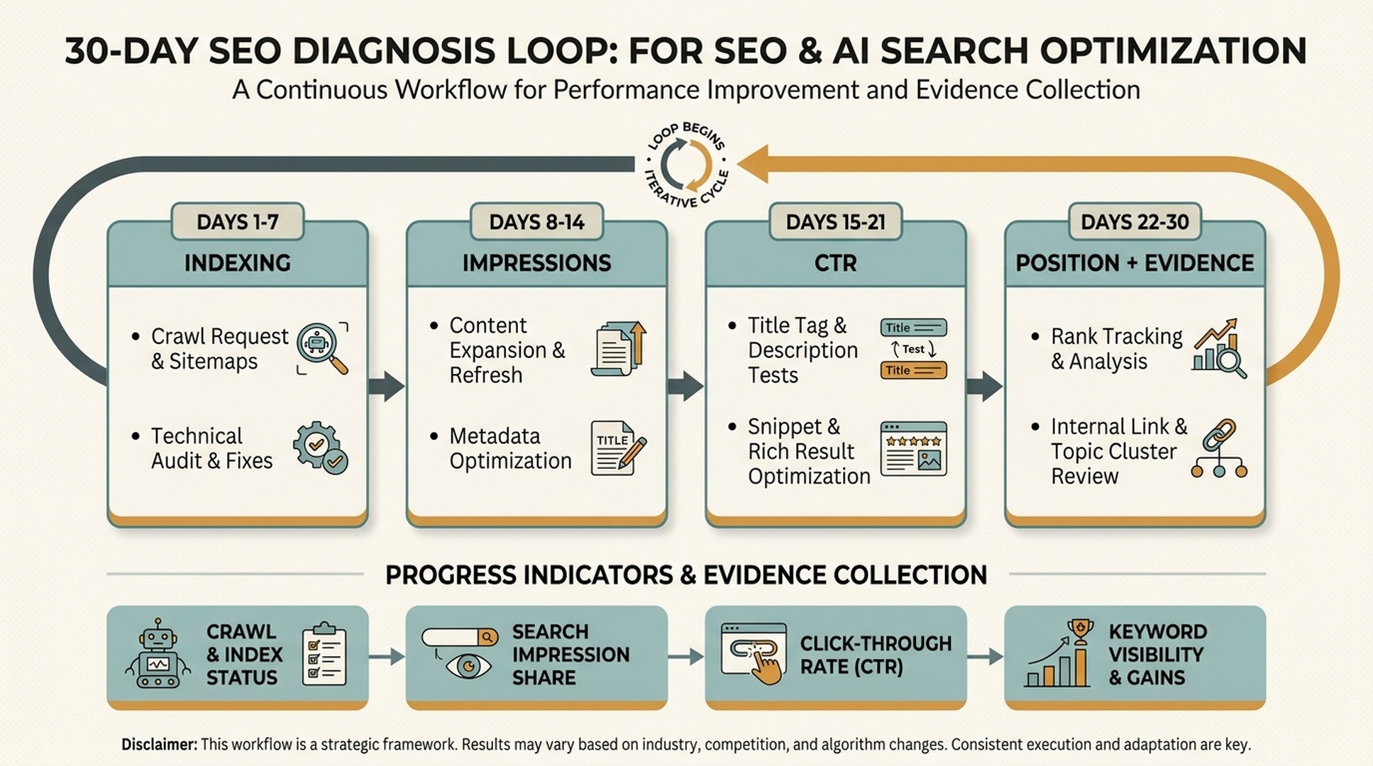 30-day SEO diagnosis loop covering indexing, impressions, CTR, and position review
