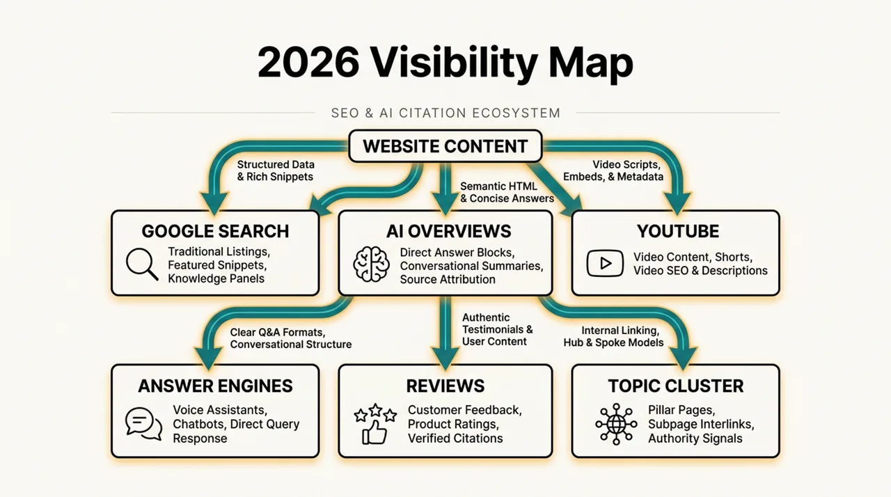 2026 visibility map connecting website content to Google Search, AI Overviews, YouTube, answer engines, reviews, and topic clusters