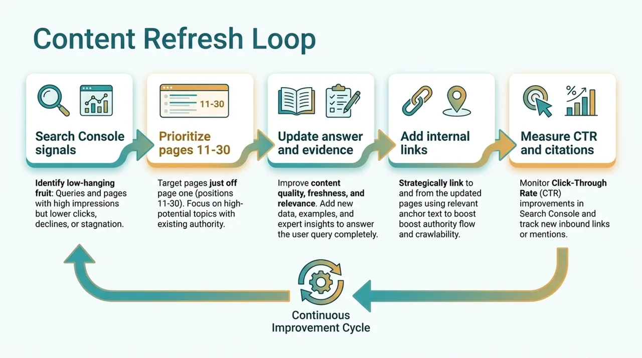 Content refresh loop for 2026 SEO showing Search Console signals, page prioritization, evidence updates, internal links, and measurement