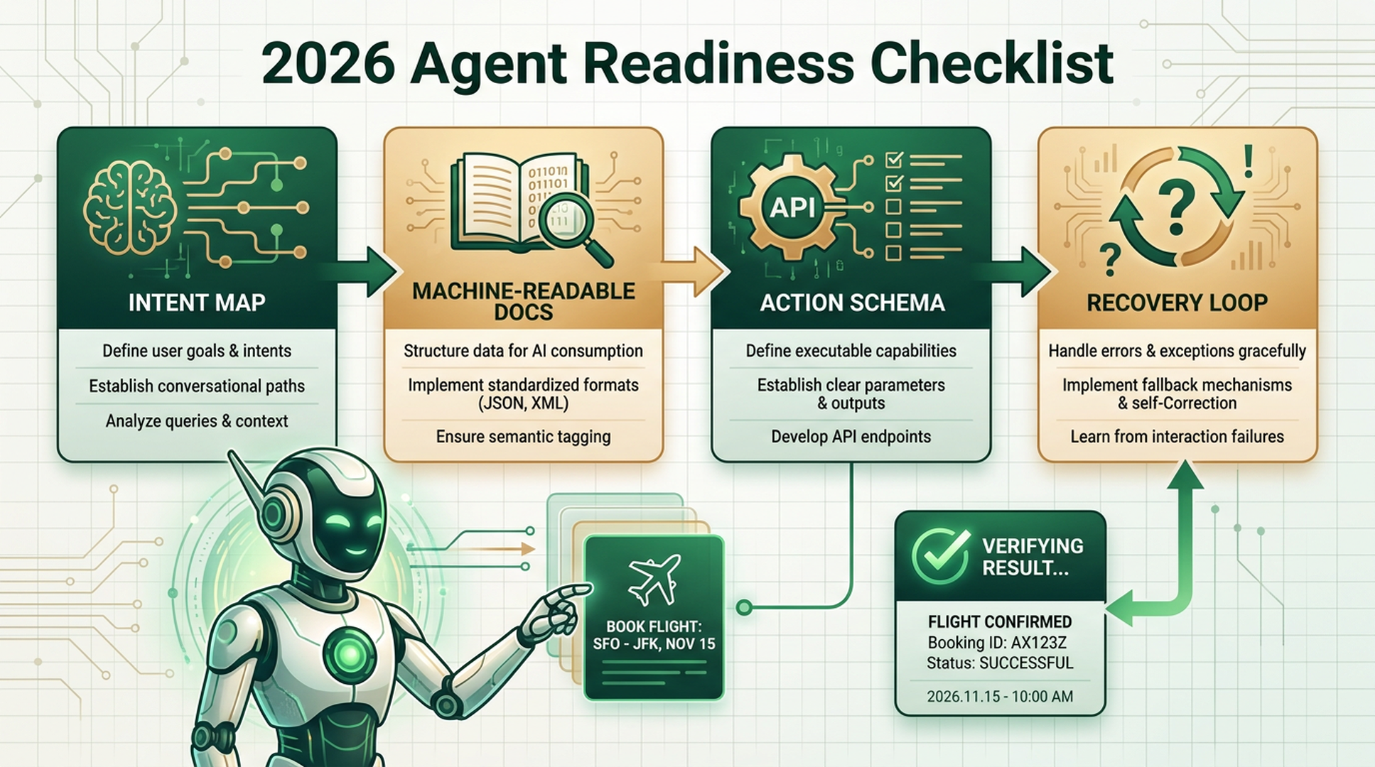 2026 agent readiness checklist showing intent map, machine-readable docs, action schema, and recovery loop