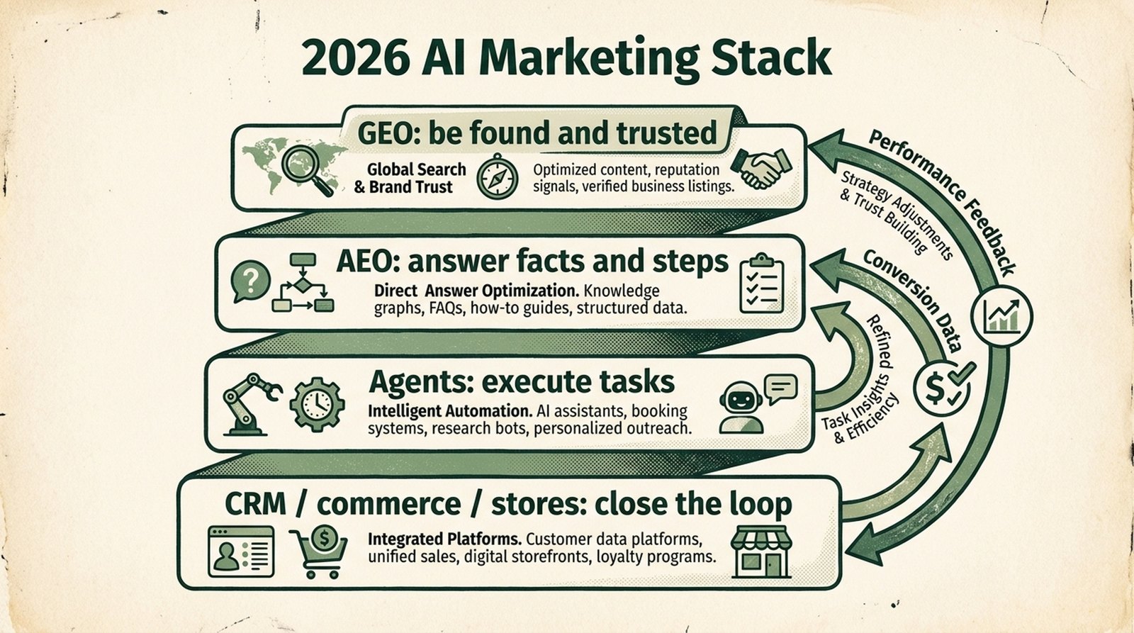 2026 AI marketing stack showing GEO, AEO, agents, and CRM commerce store layers